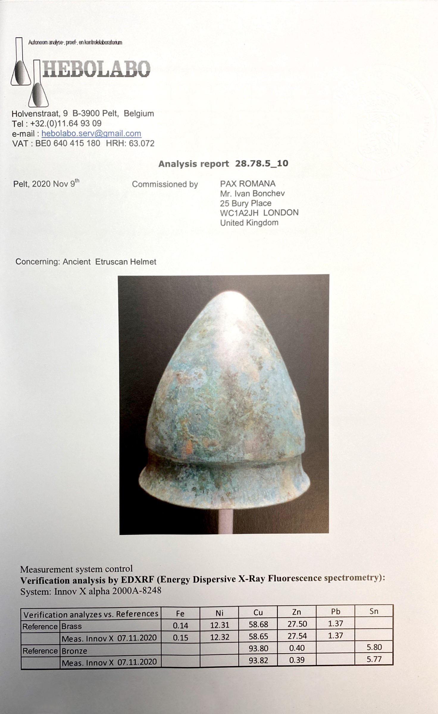 Etrusco-Italic Bronze Nagau Type Helmet, XRF Tested 1