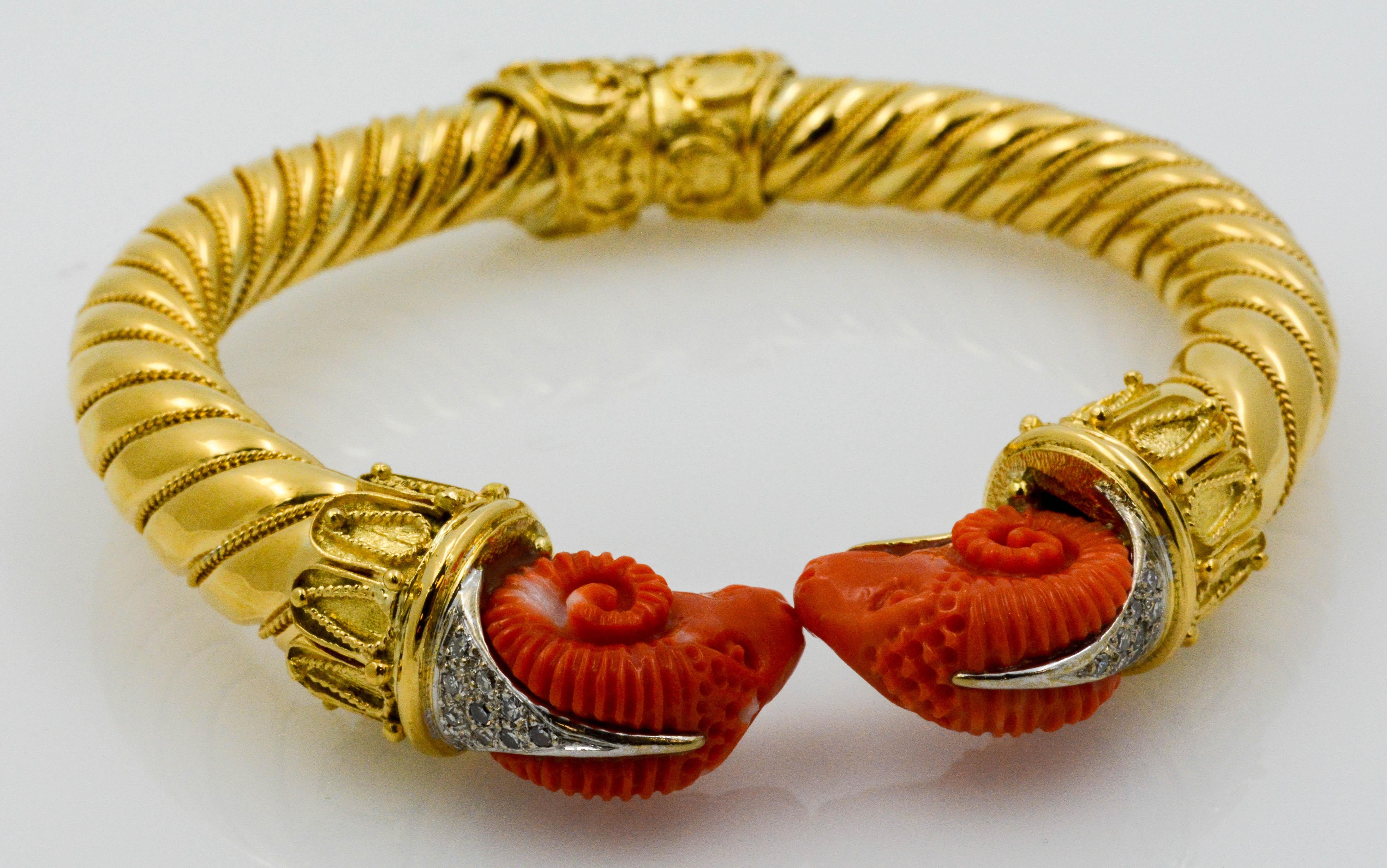 Etruscan Carved Coral Rams and Diamond 18 Karat Yellow Gold Bangle Bracelet 3
