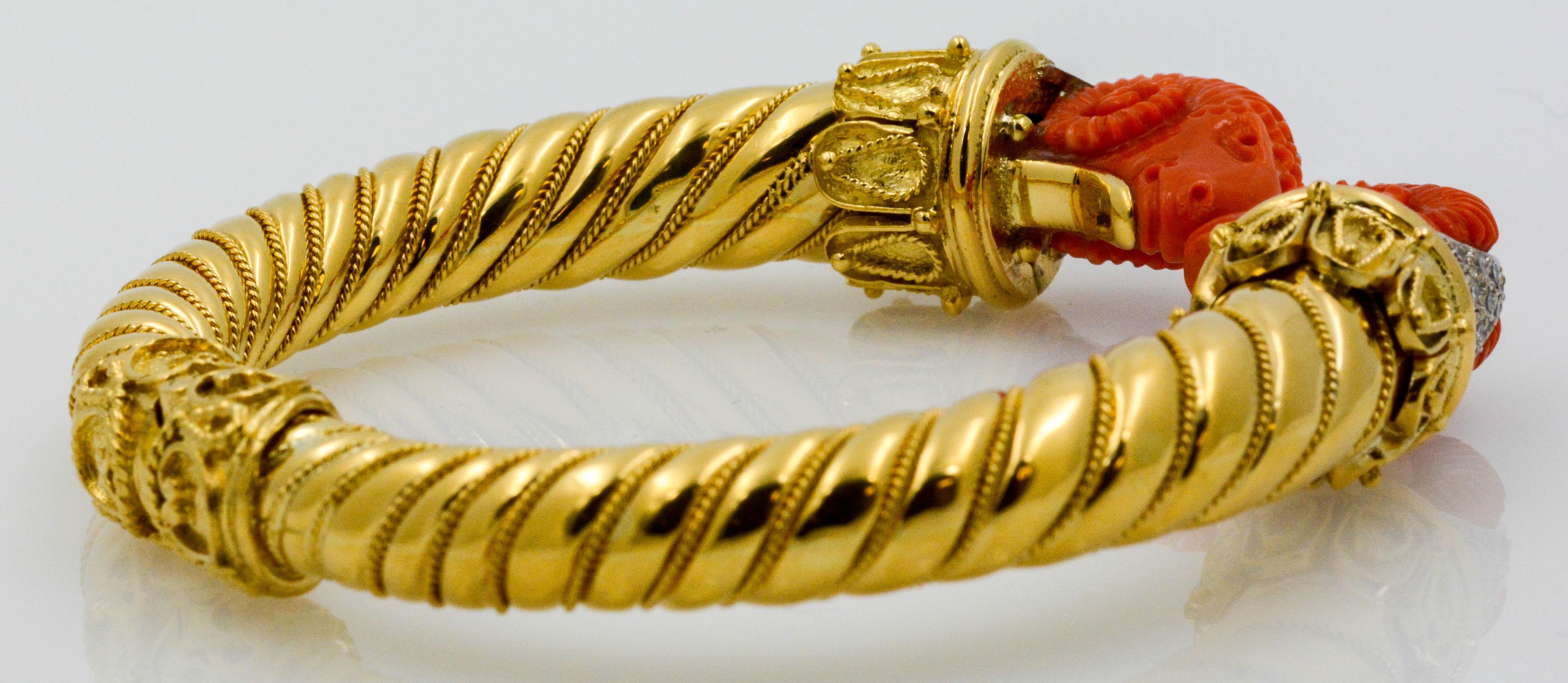 Etruscan Carved Coral Rams and Diamond 18 Karat Yellow Gold Bangle Bracelet 4