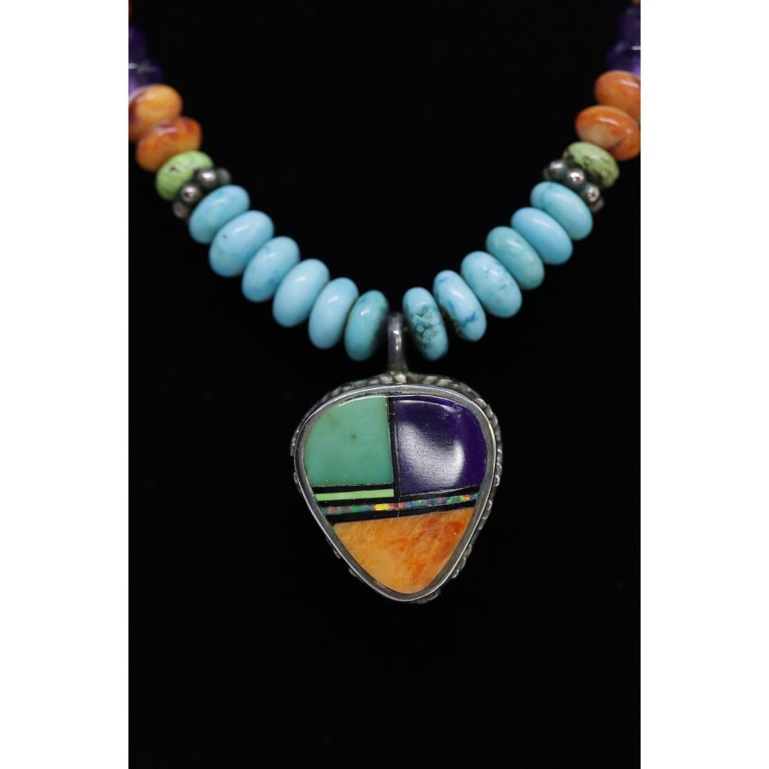 Ciondolo con intarsio del sole in argento sterling di Etta Endito Navajo. Navajo sud-occidentale In condizioni buone in vendita a Port Charlotte, FL