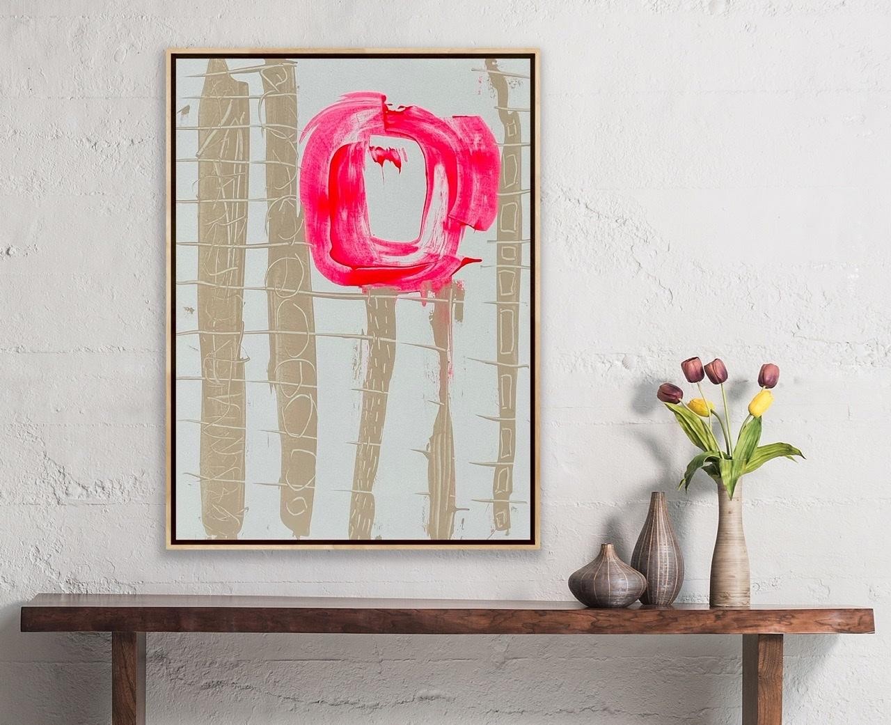 The artist is experimenting with controlled strokes and intentional composition. Her success is found in this piece's subdued monochromatic tonal background with bold pop of color. Surely to be the fan favorite focal point of any space.