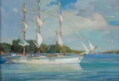 Marine Portrait, Three Masts, Early 20th century seascape oil painting