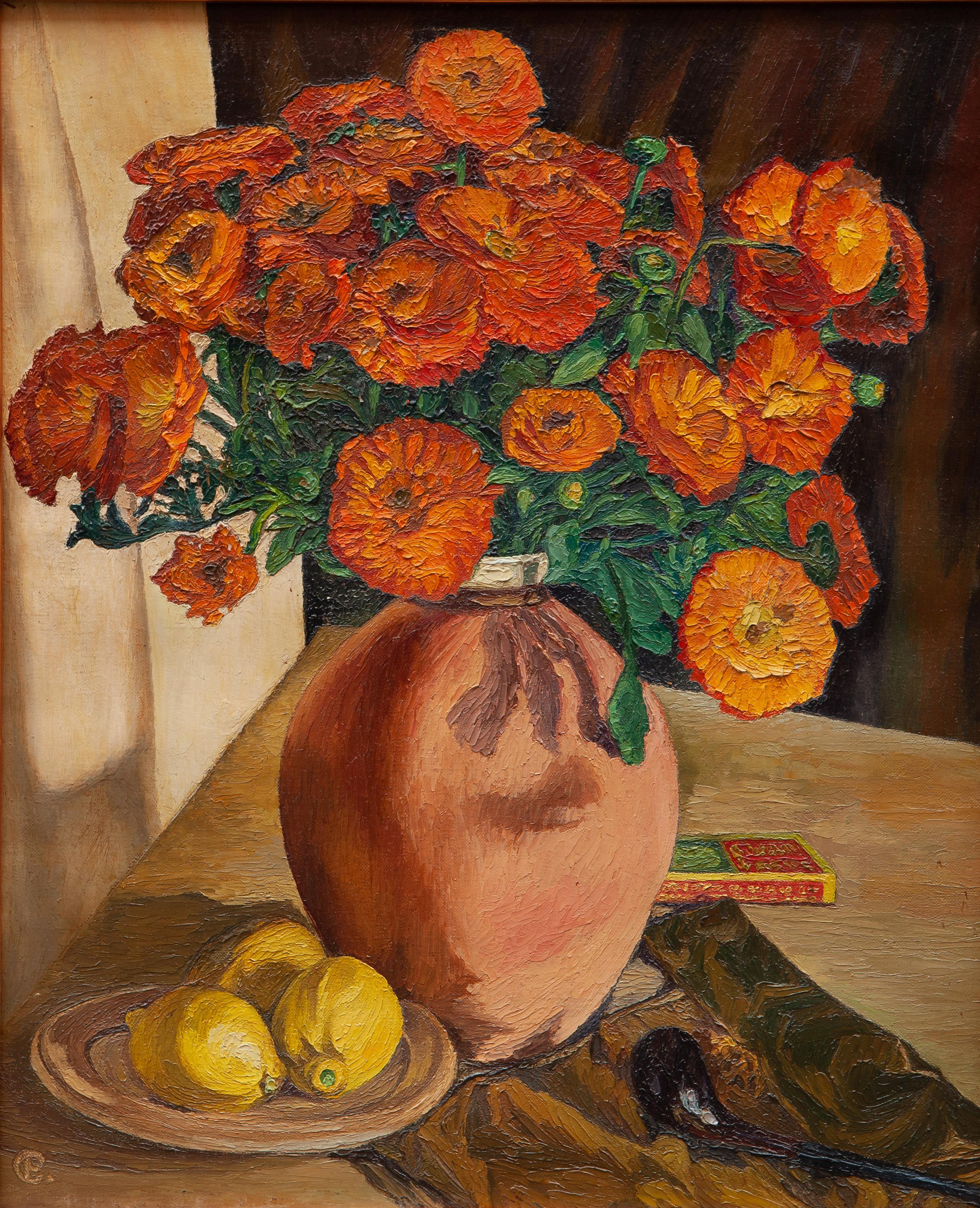 Ettore Cosomati (1871-1960) Still life of Marigolds with lemons and pipe - Painting by Ettore Cosomati (1871 - 1960) 