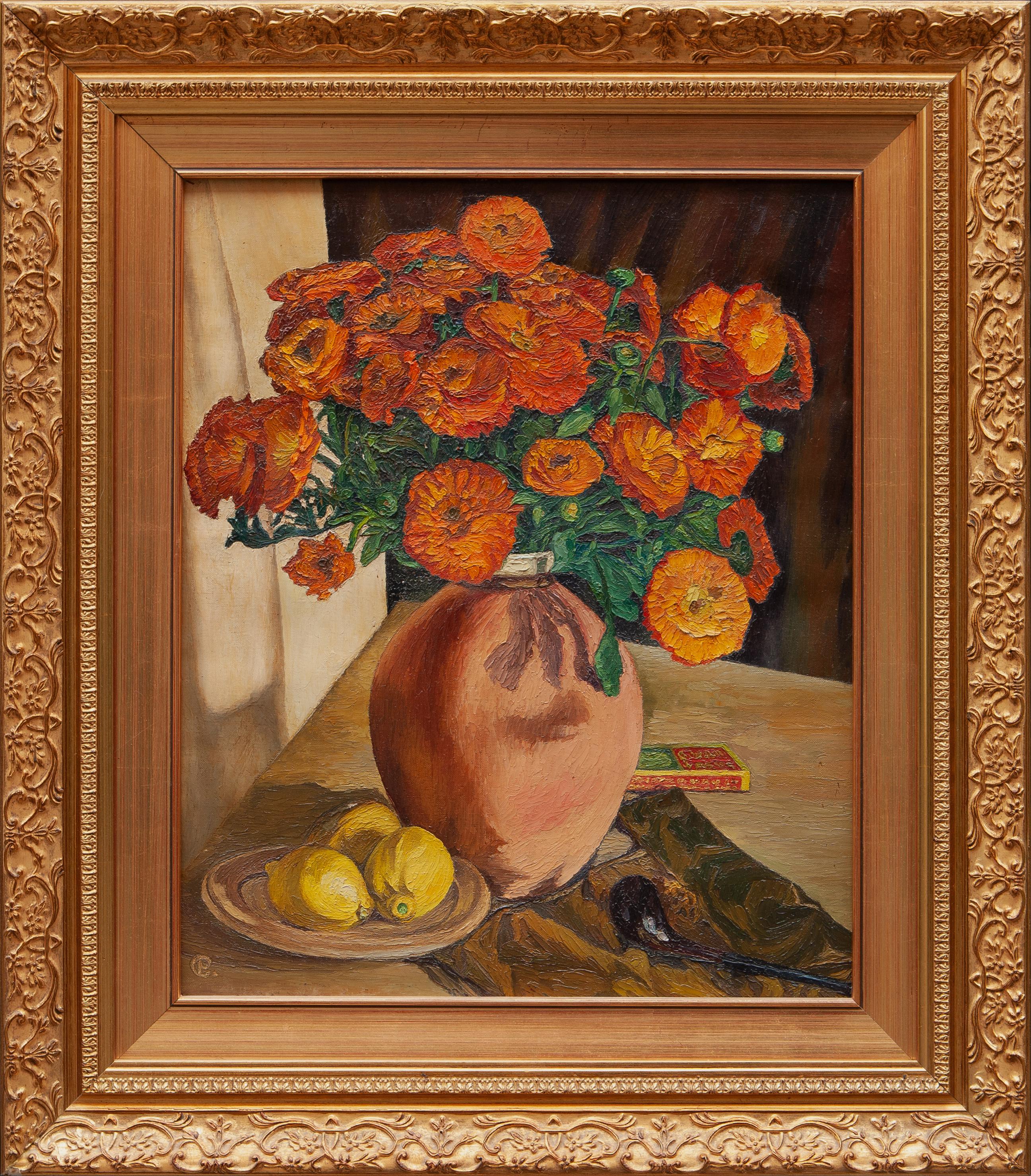 Ettore Cosomati (1871 - 1960)  Still-Life Painting - Ettore Cosomati (1871-1960) Still life of Marigolds with lemons and pipe