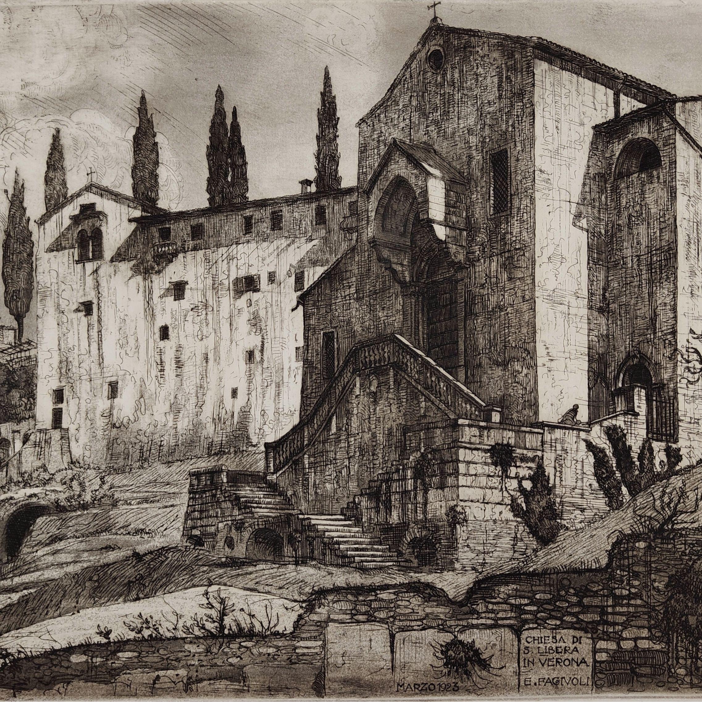 Etching Church of Santa Libera in Verona 1923 by Ettore Fagiuoli For Sale 1