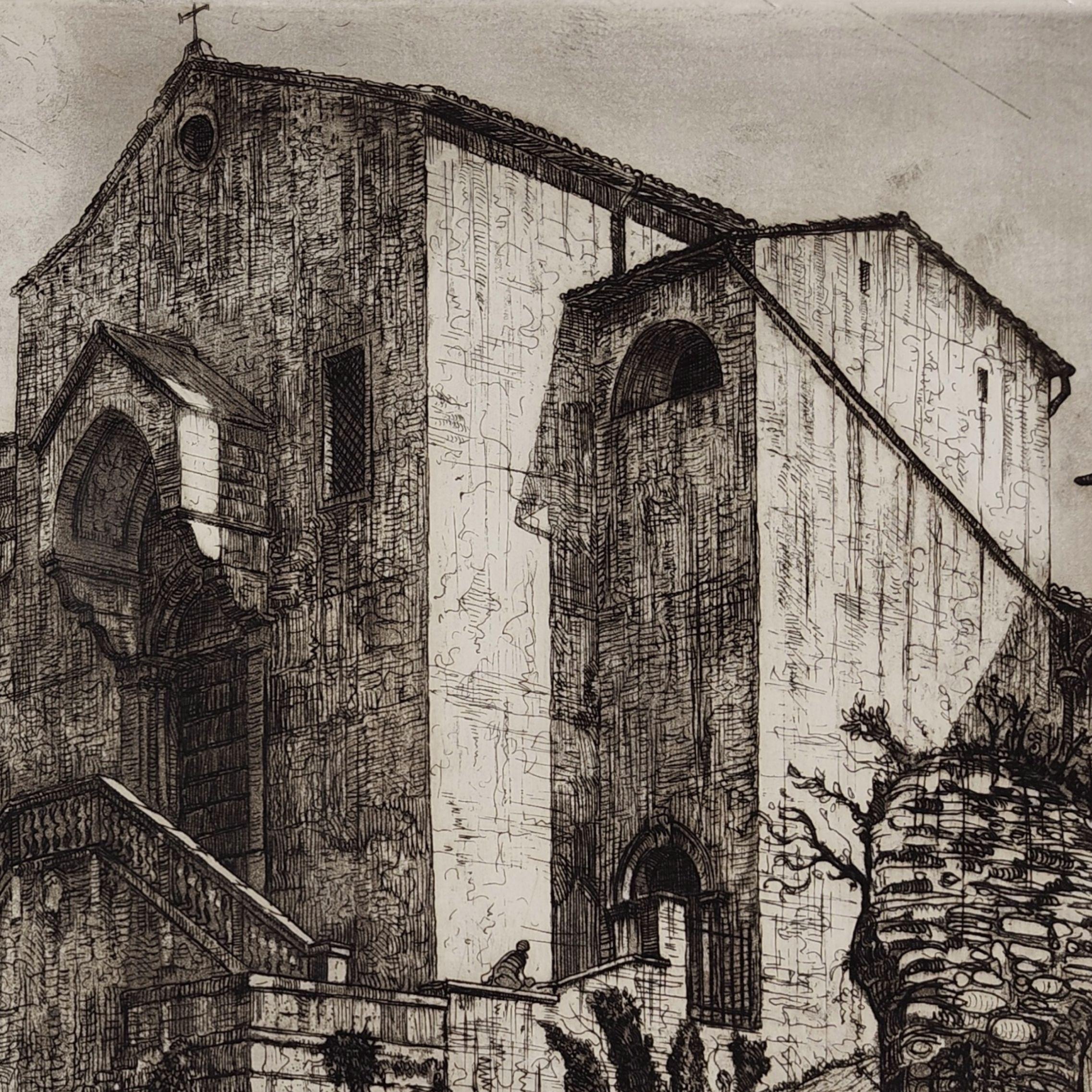 Etching Church of Santa Libera in Verona 1923 by Ettore Fagiuoli For Sale 2