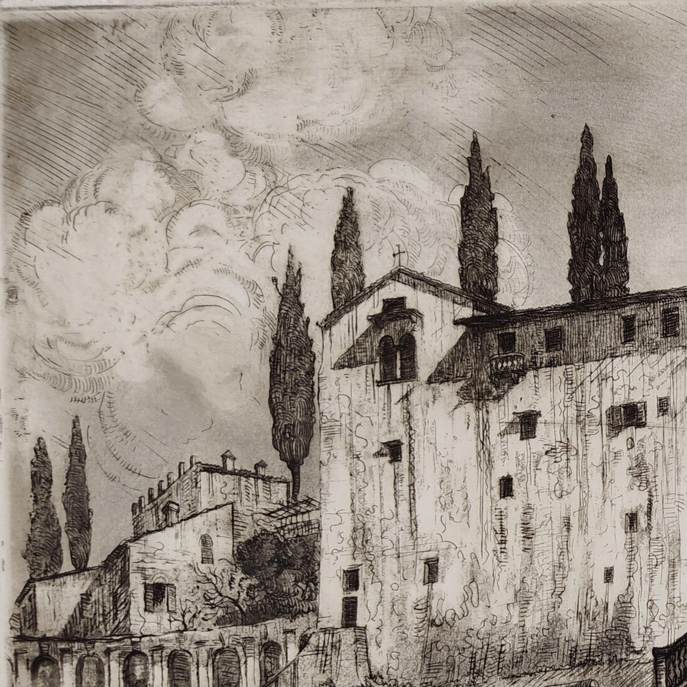 Etching Church of Santa Libera in Verona 1923 by Ettore Fagiuoli For Sale 3