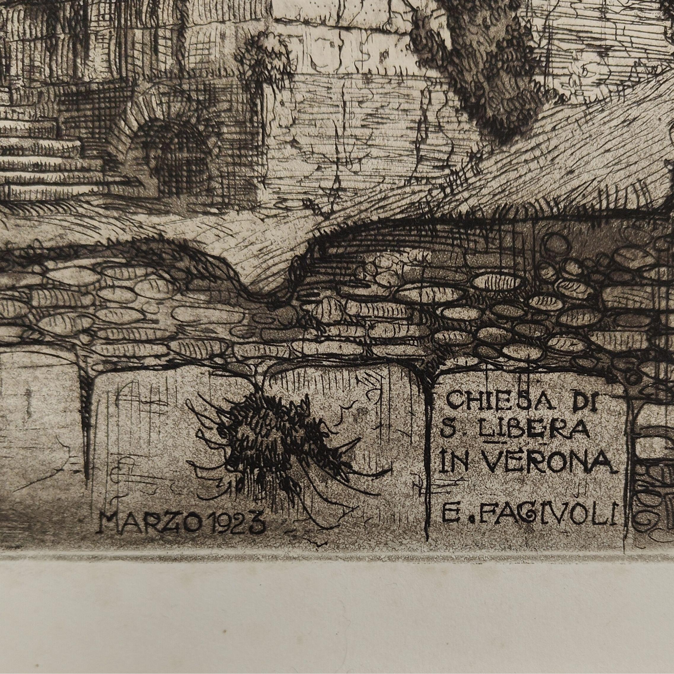 Etching Church of Santa Libera in Verona 1923 by Ettore Fagiuoli For Sale 5