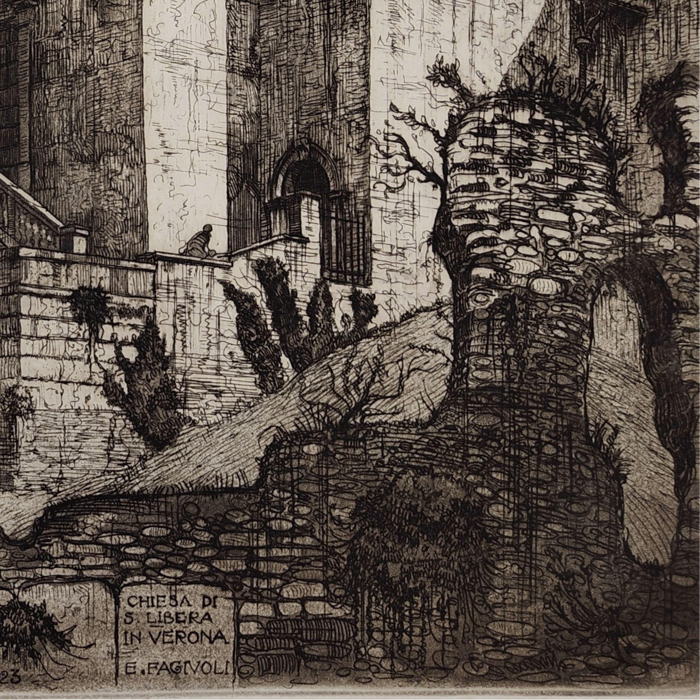Etching Church of Santa Libera in Verona 1923 by Ettore Fagiuoli For Sale 6