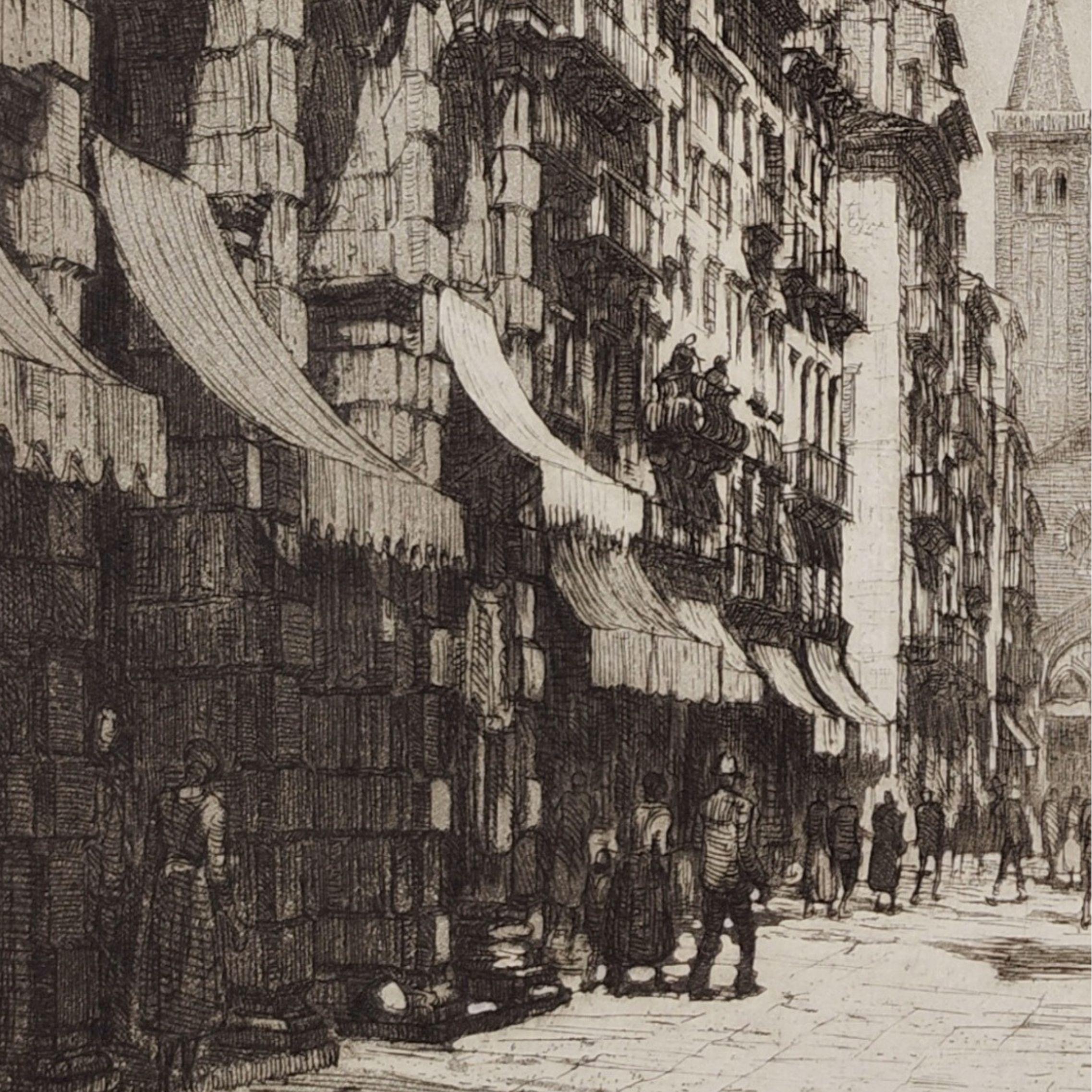 Etching Piazza delle Erbe in Verona 1928 by Ettore Fagiuoli For Sale 7