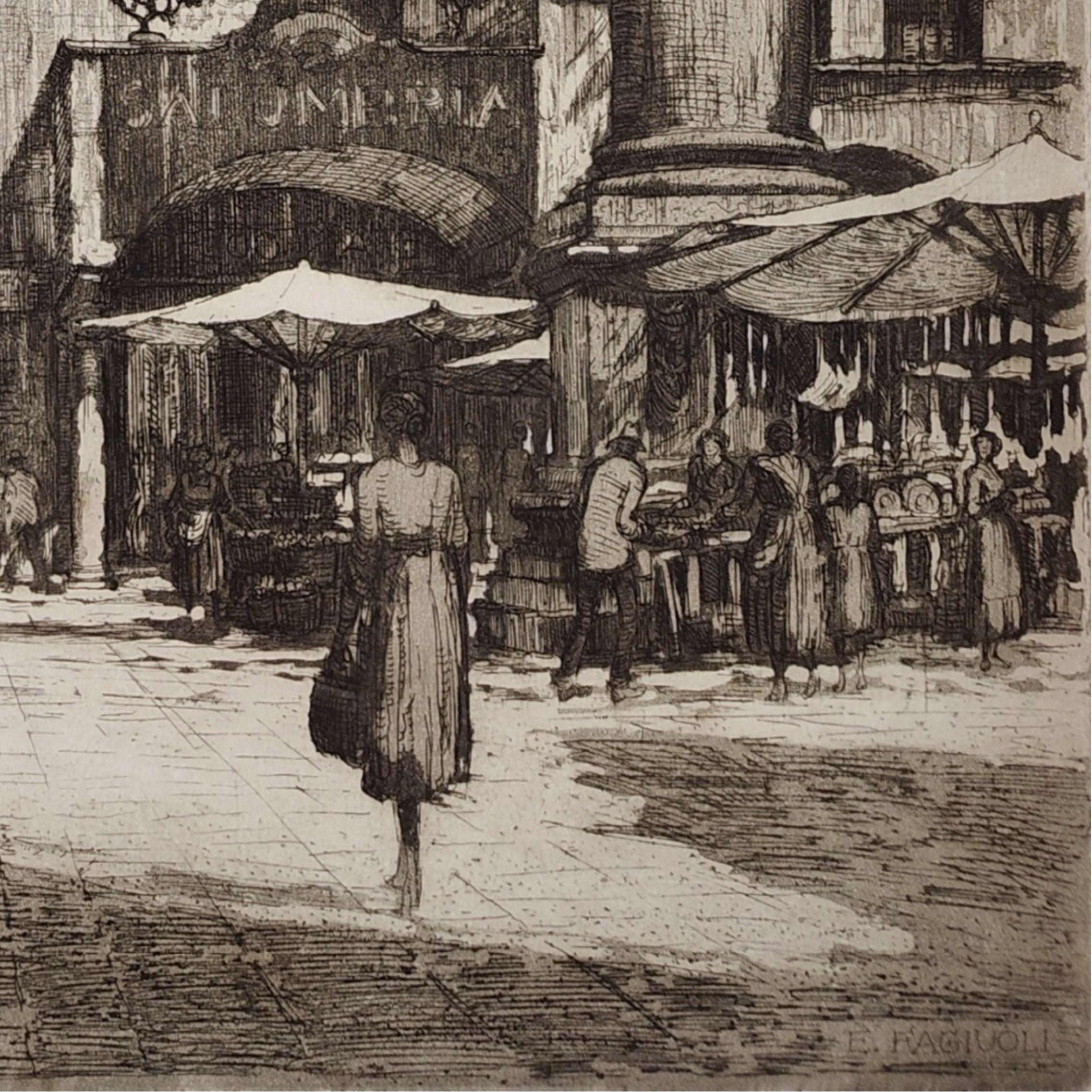 Etching Piazza delle Erbe in Verona 1928 by Ettore Fagiuoli For Sale 8