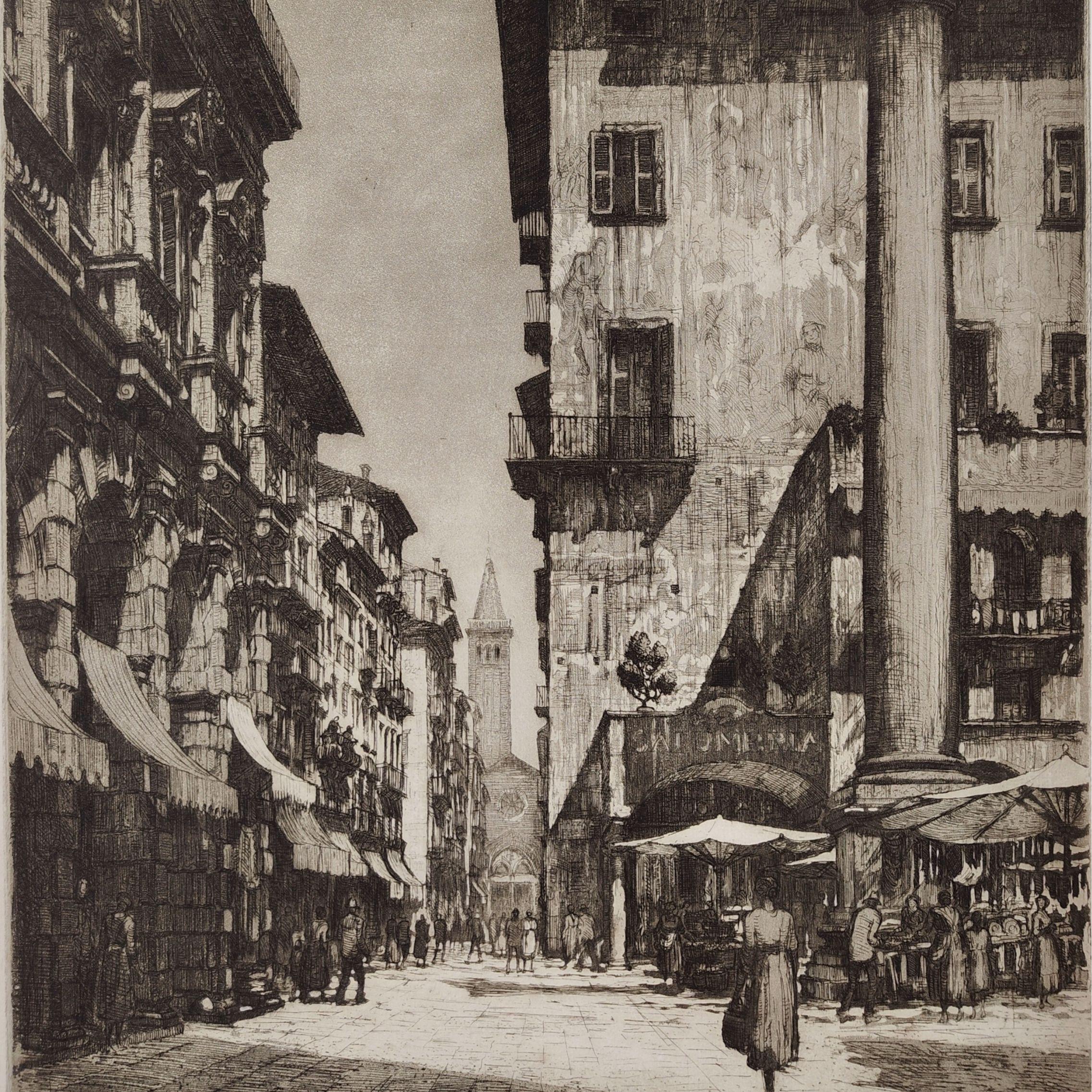 Etching Piazza delle Erbe in Verona 1928 by Ettore Fagiuoli For Sale 1
