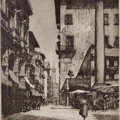 Aguafuerte Piazza delle Erbe en Verona 1928 por Ettore Fagiuoli