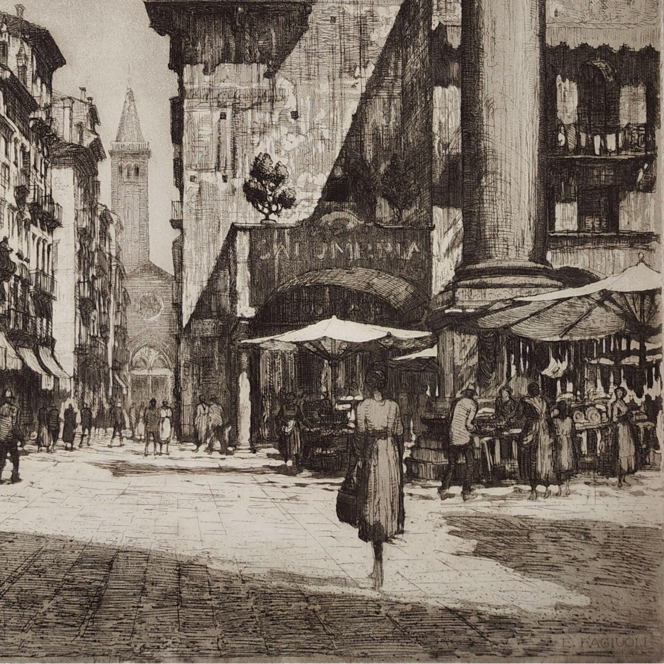 Etching Piazza delle Erbe in Verona 1928 by Ettore Fagiuoli For Sale 3