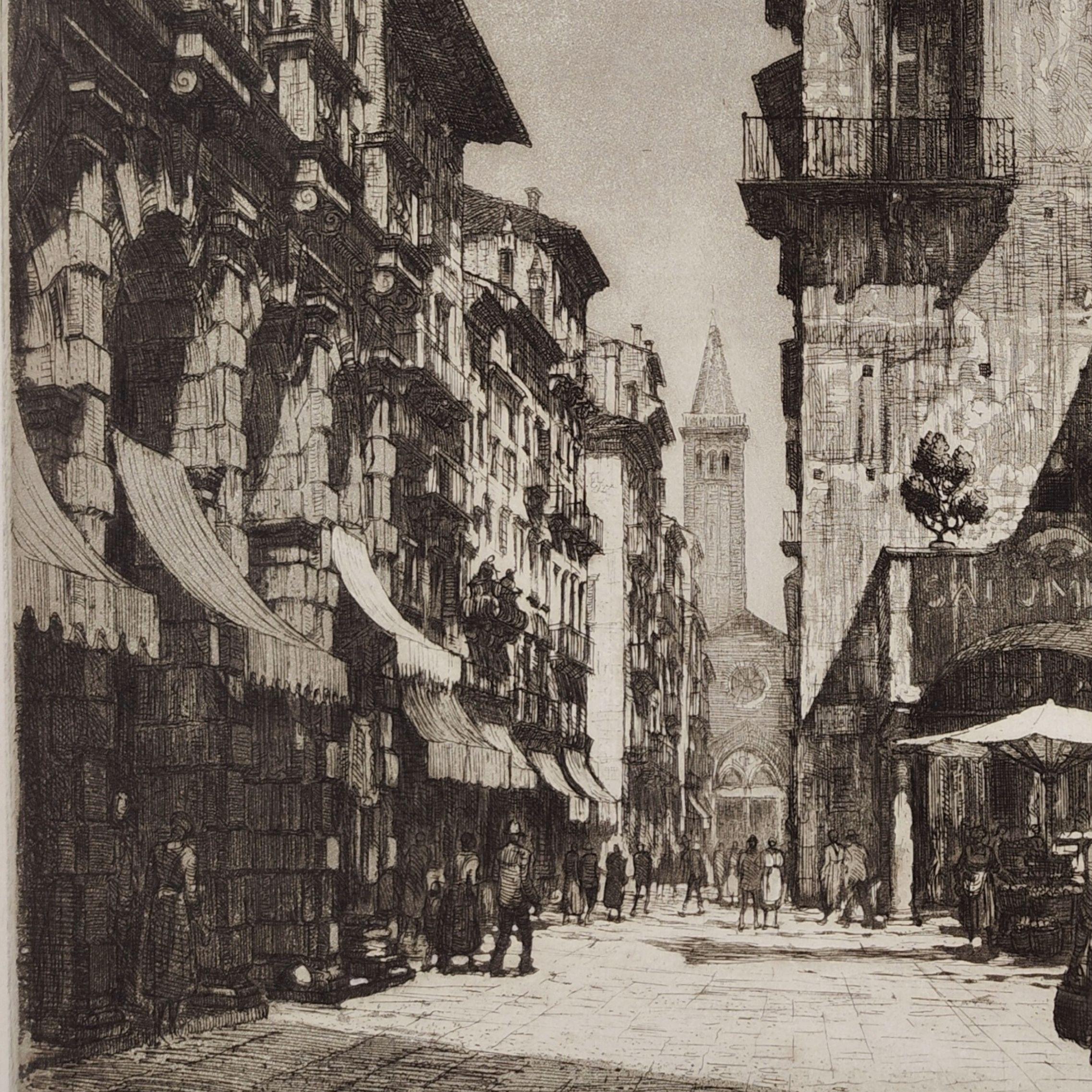 Etching Piazza delle Erbe in Verona 1928 by Ettore Fagiuoli For Sale 4