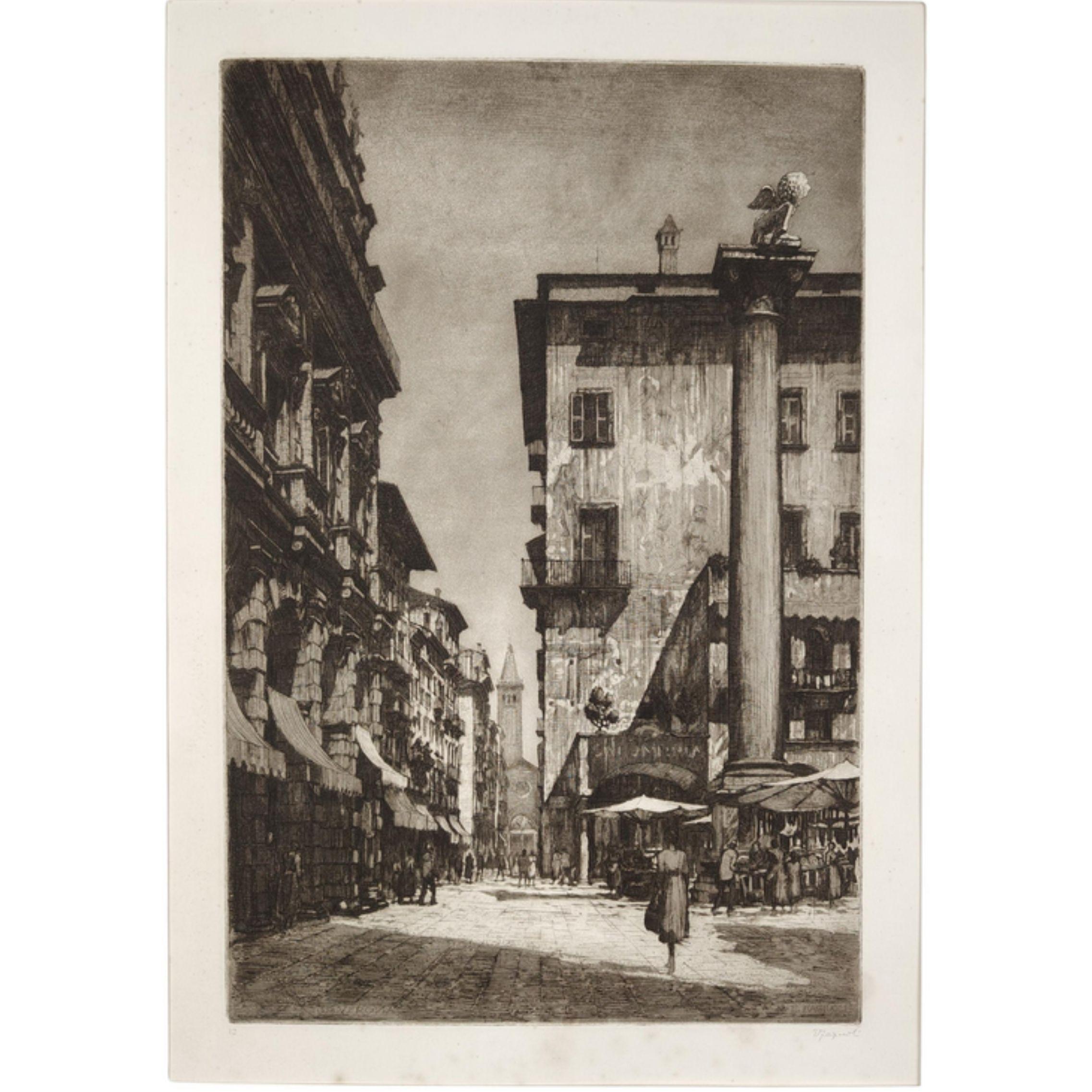 Etching by Ettore Fagiuoli depicting Piazza delle Erbe in Verona.
Ettore Fagiuoli, who was born in 1884 and died in Verona in 1961, was an Italian architect, engraver, and stage designer famous for his operas in Verona and its province as well as