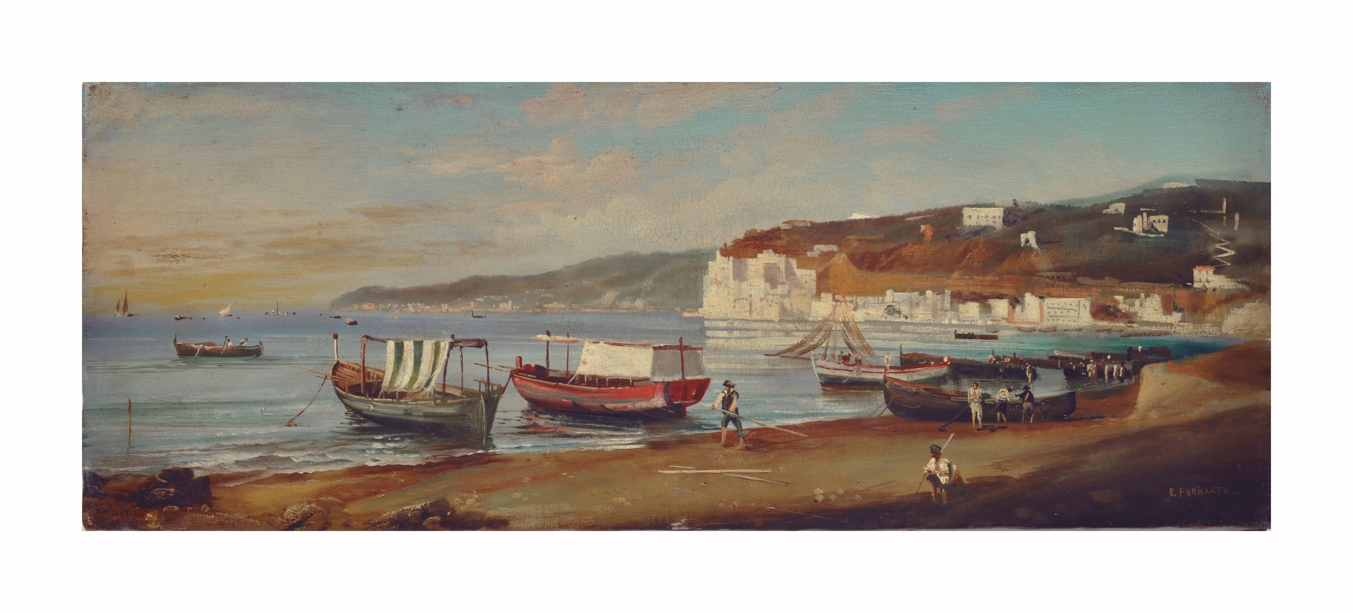 NÁPOLES - Ettore Ferrante - Paisaje italiano Pintura al óleo sobre lienzo en venta 5