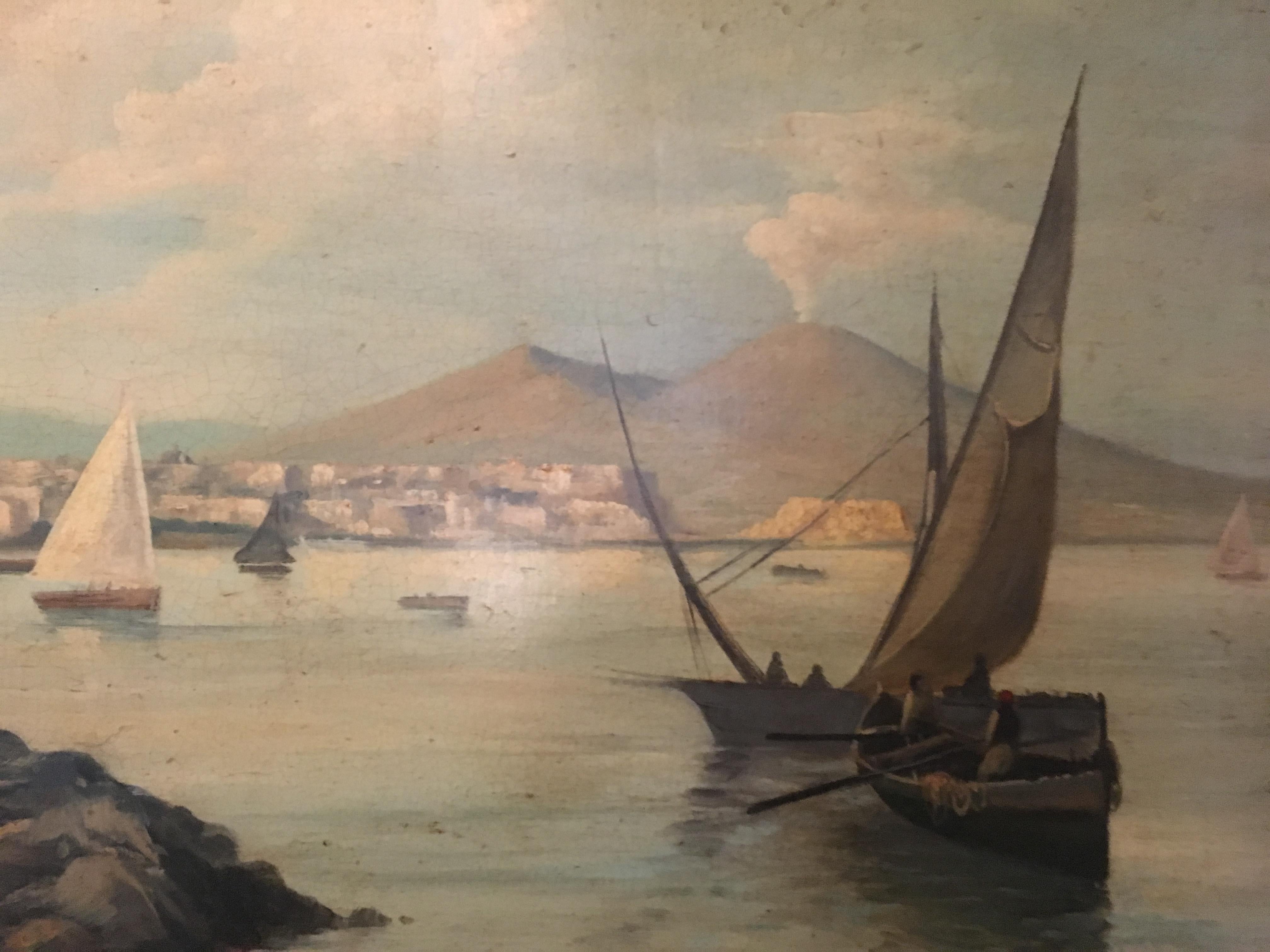 Naples - Ettore Ferrante - Italia - Oil on canvas cm. 60x90. Gold leaf gilded  wooden frame mis. est. 86x116.
Ettore Ferrante is a refined and excellent view painter of the past. As a critic of art, it is a real pleasure to talk about him.