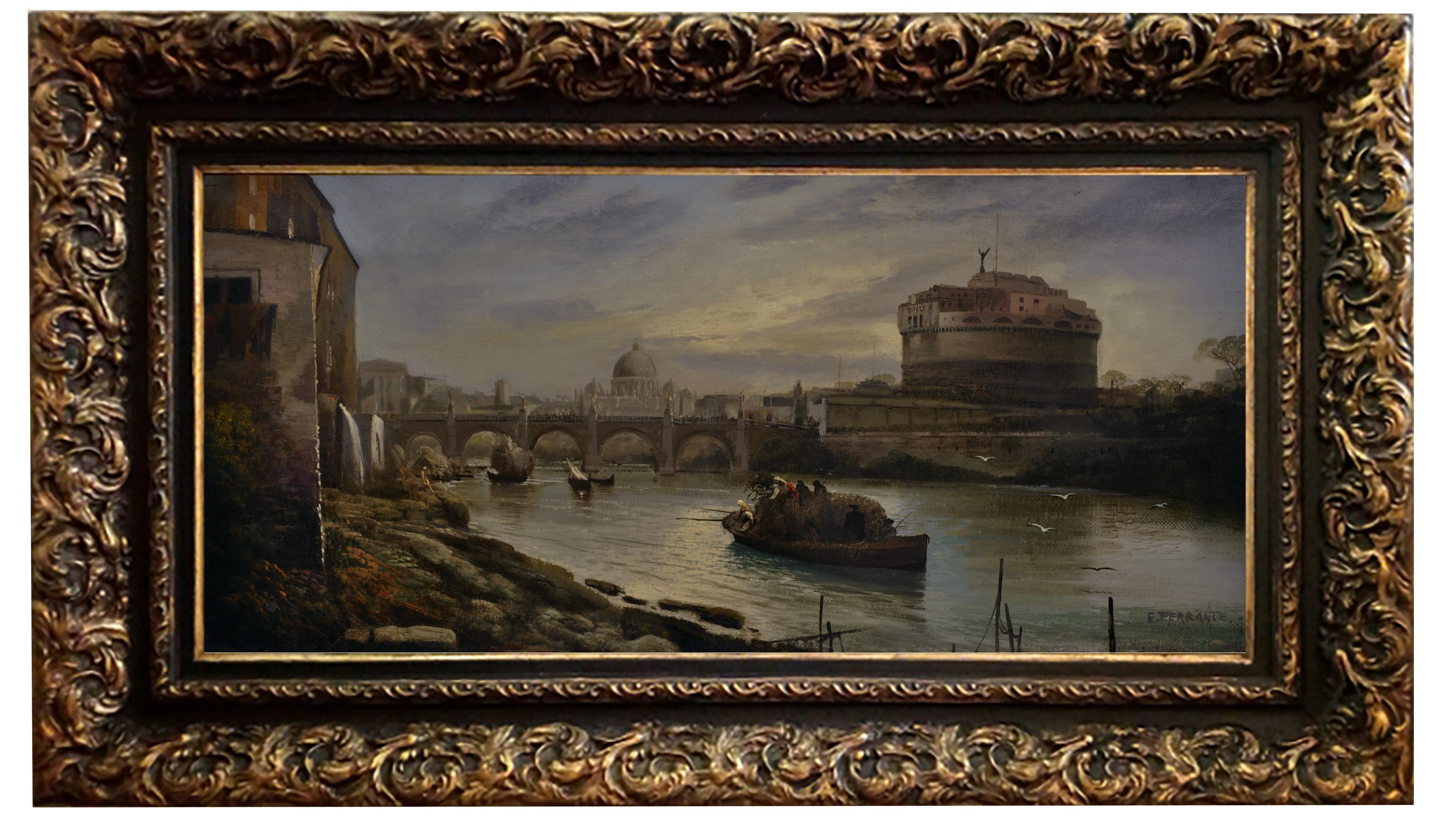 Landscape Painting de Ettore Ferrante - ROMA - A la Manera de G.Vanvitelli - Paisaje Italiano Pintura al Óleo sobre Lienzo
