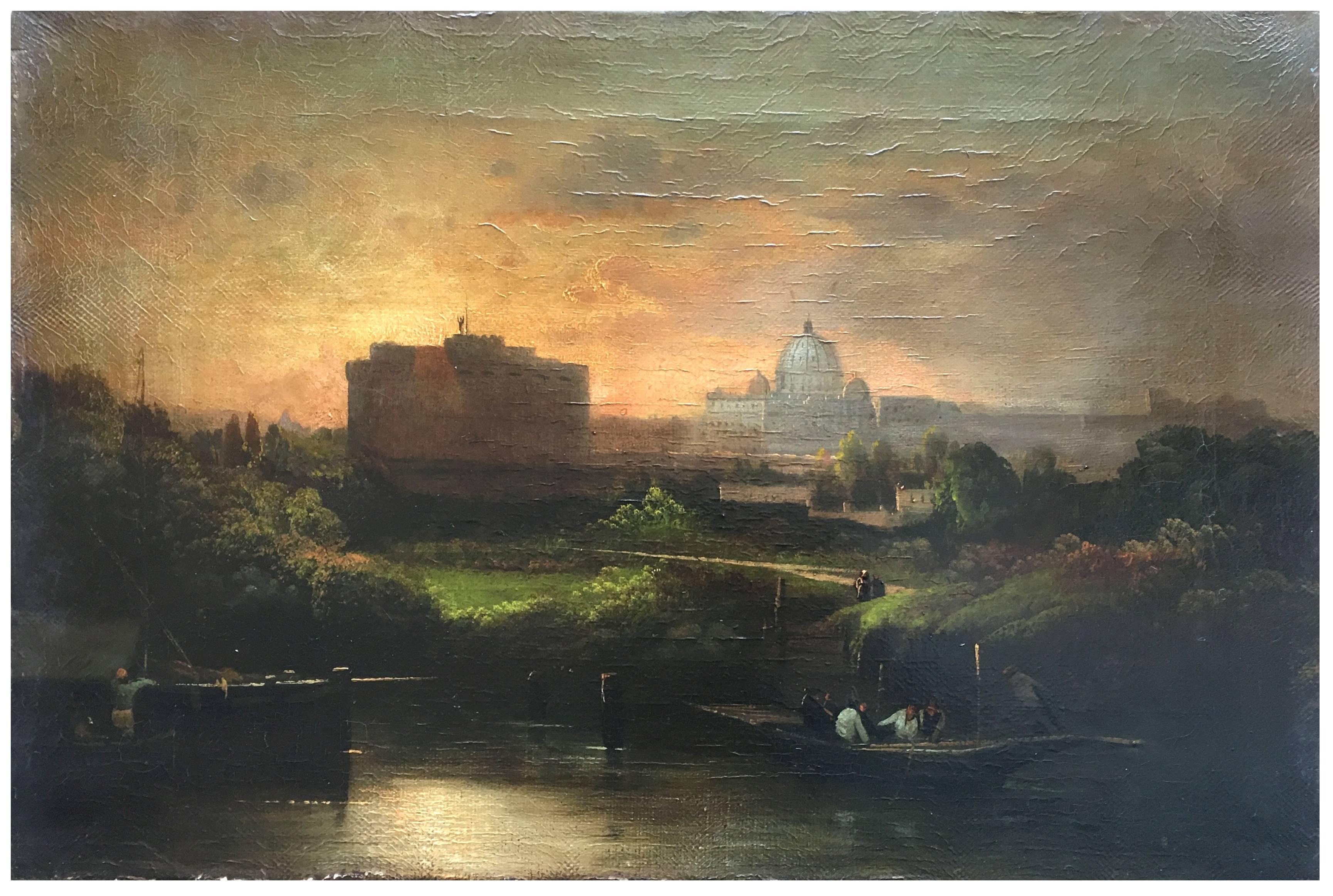 Rome - à la manière de G. Vanvitelli -  Peinture à l'huile sur toile - paysage italien - Painting de Ettore Ferrante