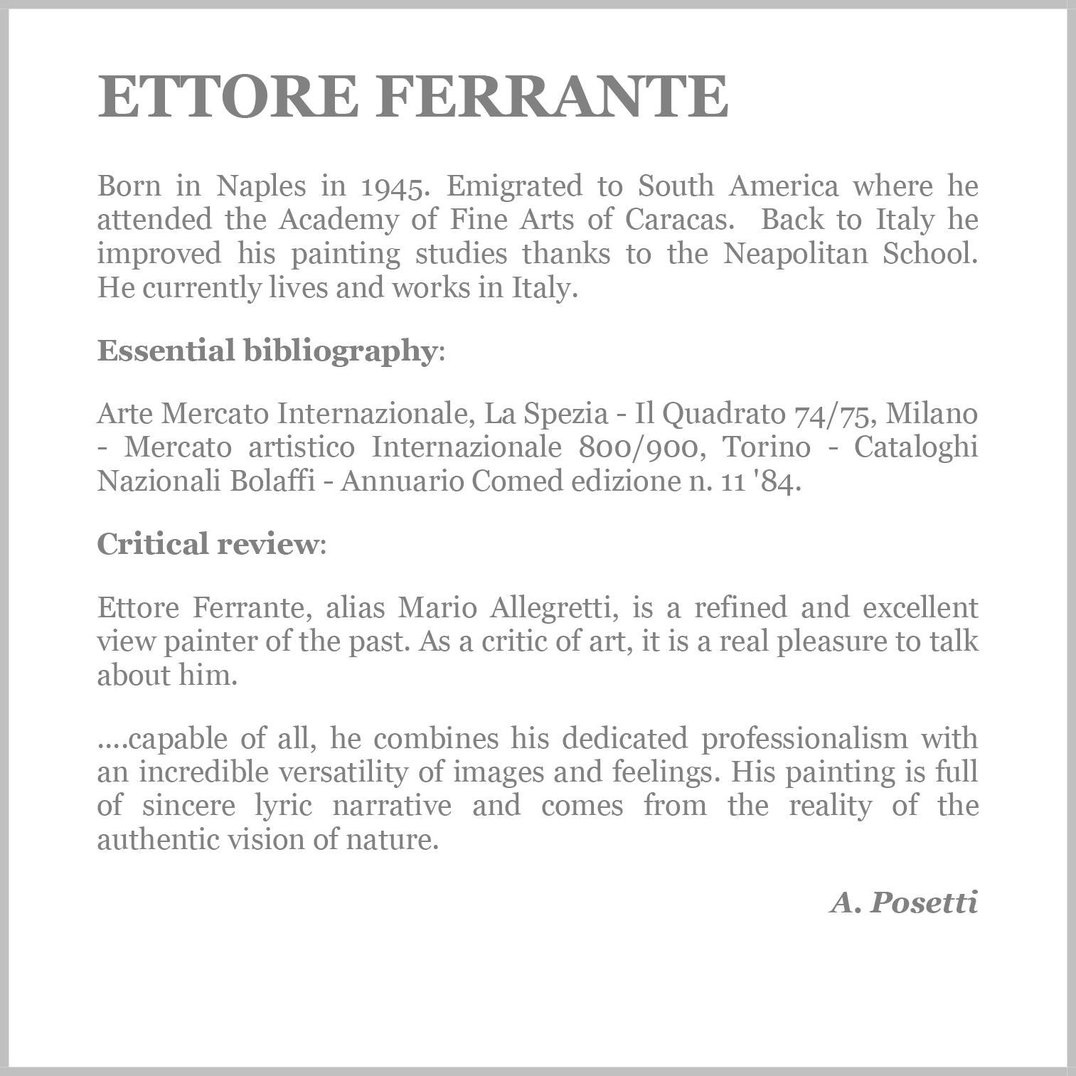 Rome - Ettore Ferrante Italia - Oil on canvas cm. 45x95.
Gold leaf gilded wooden frame available on request 
Ettore Ferrante is a refined and excellent view painter of the past. As a critic of art, it is a real pleasure to talk about him. 