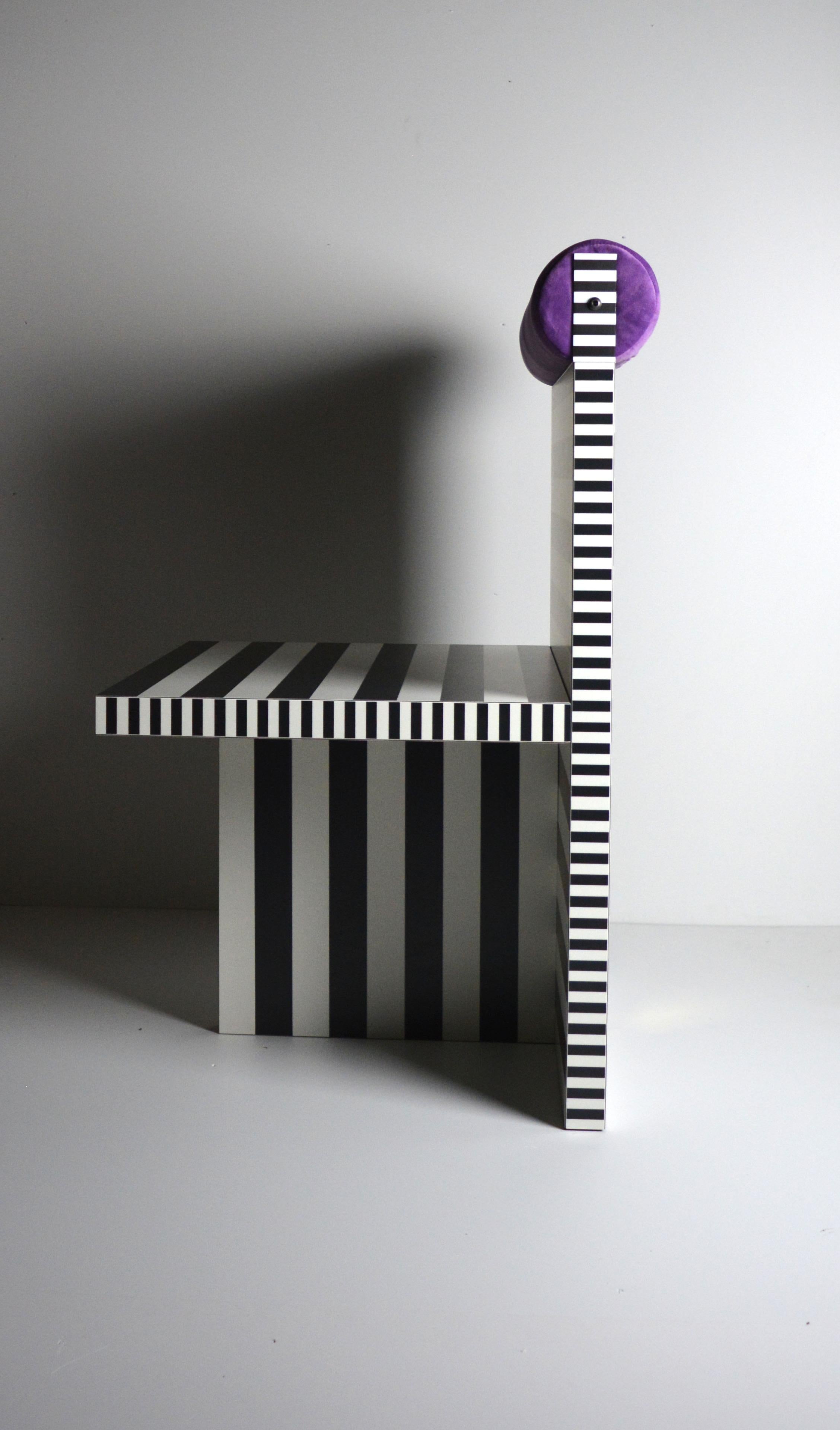 Post-Modern Ettore armchair memphis tribute black white lamiate purple velvet Studio Greca   For Sale