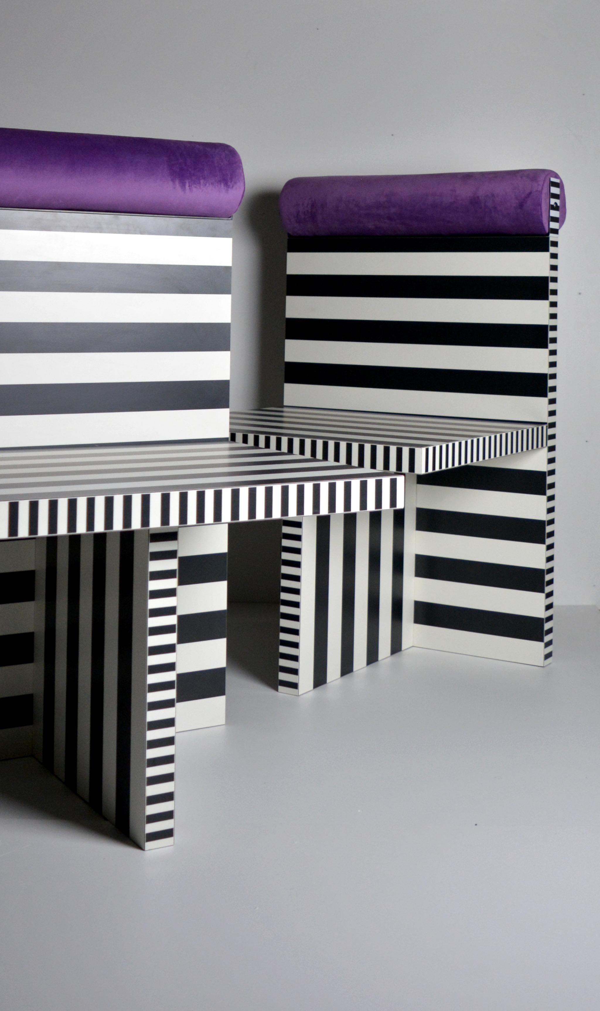 Post-Modern Ettore armchair memphis tribute black white lamiate purple velvet Studio Greca For Sale