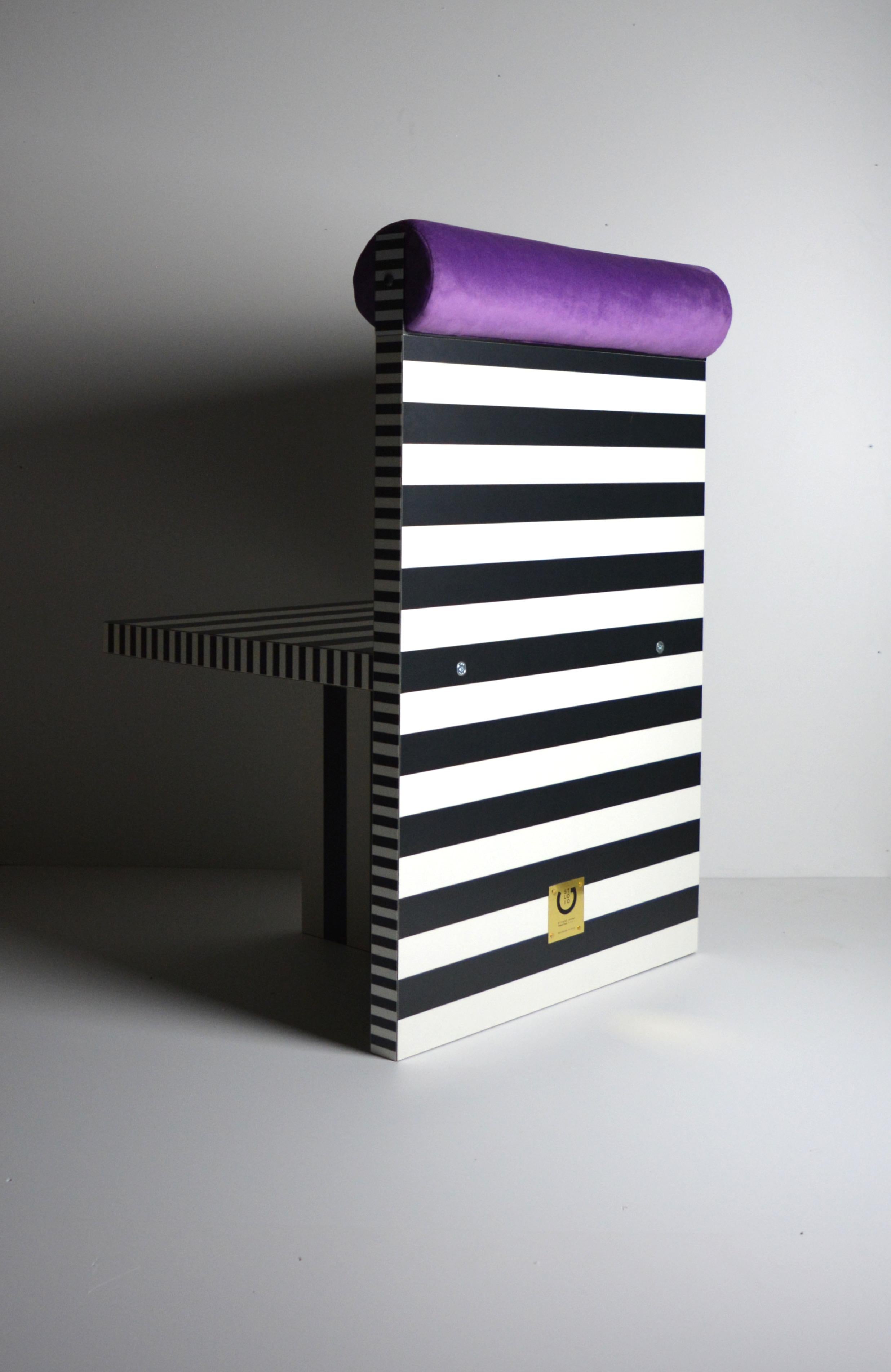 Italian Ettore armchair memphis tribute black white lamiate purple velvet Studio Greca   For Sale