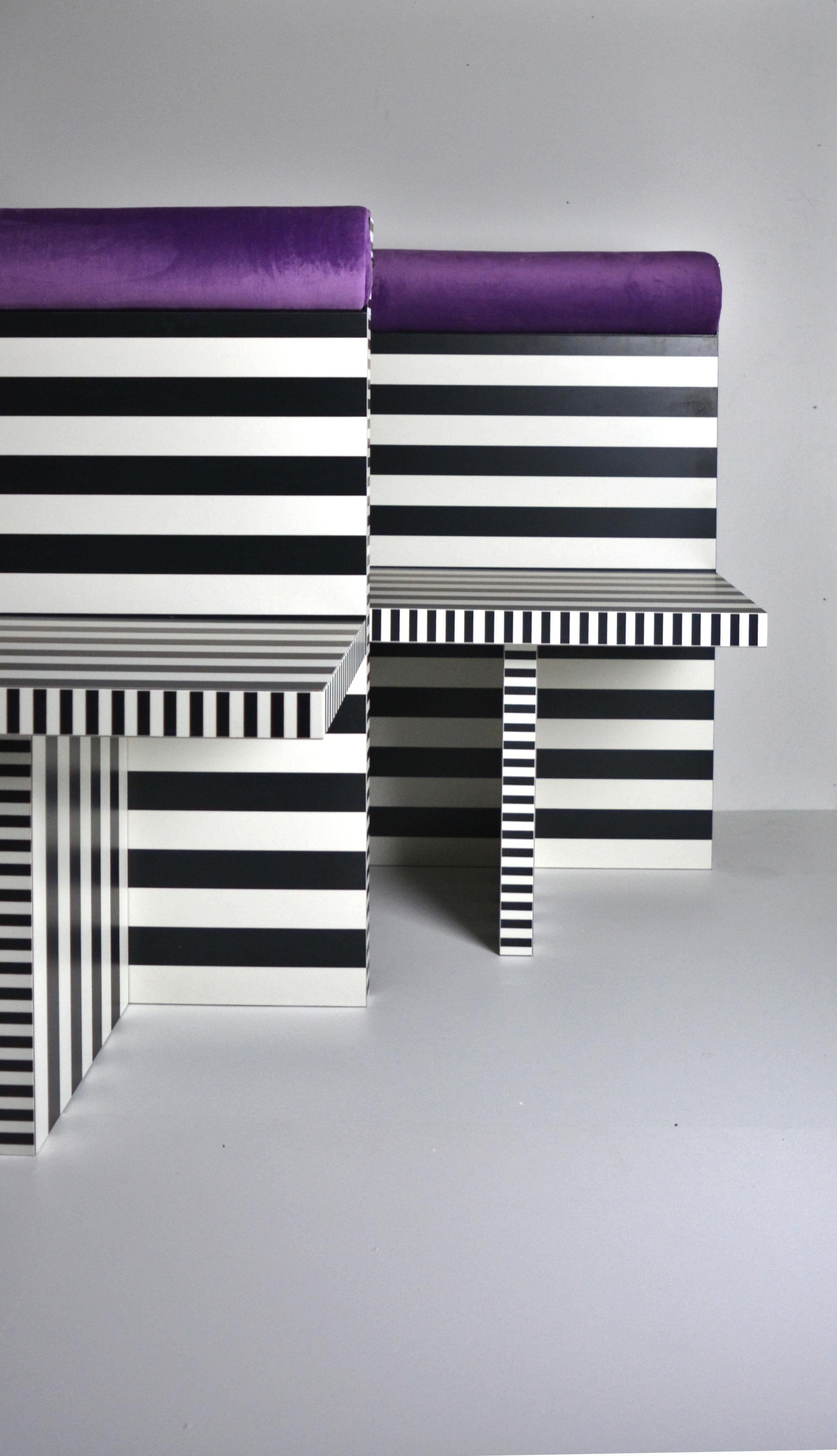 Italian Ettore armchair memphis tribute black white lamiate purple velvet Studio Greca For Sale
