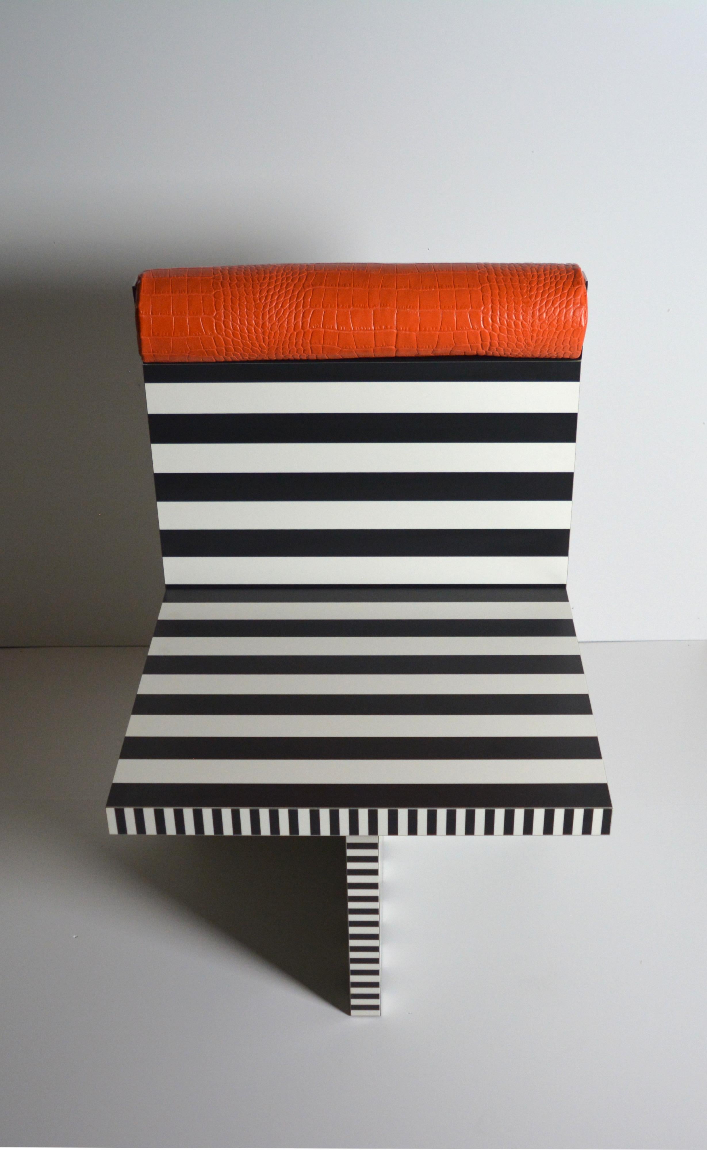 Contemporary Ettore armchair memphis tribute black white lamiate orange leather Studio Greca For Sale
