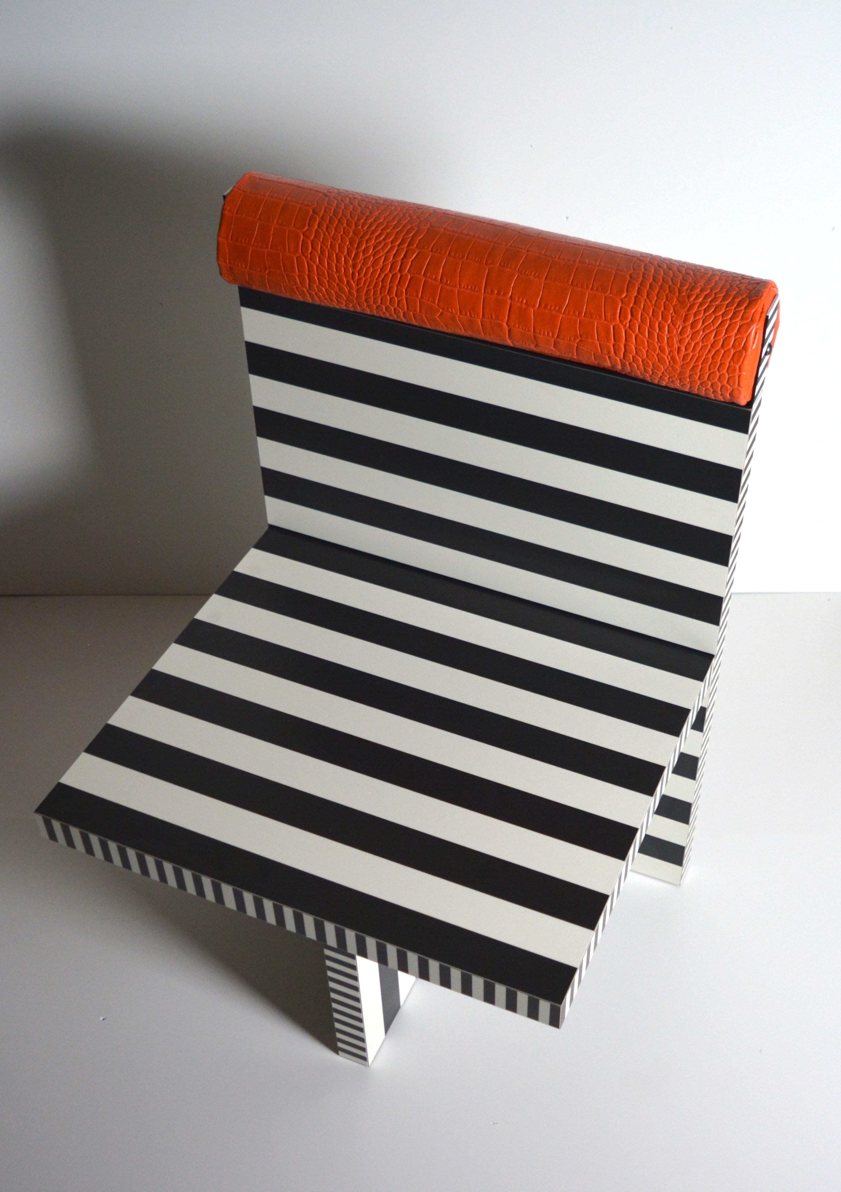 Leather Ettore armchair memphis tribute black white lamiate orange leather Studio Greca For Sale