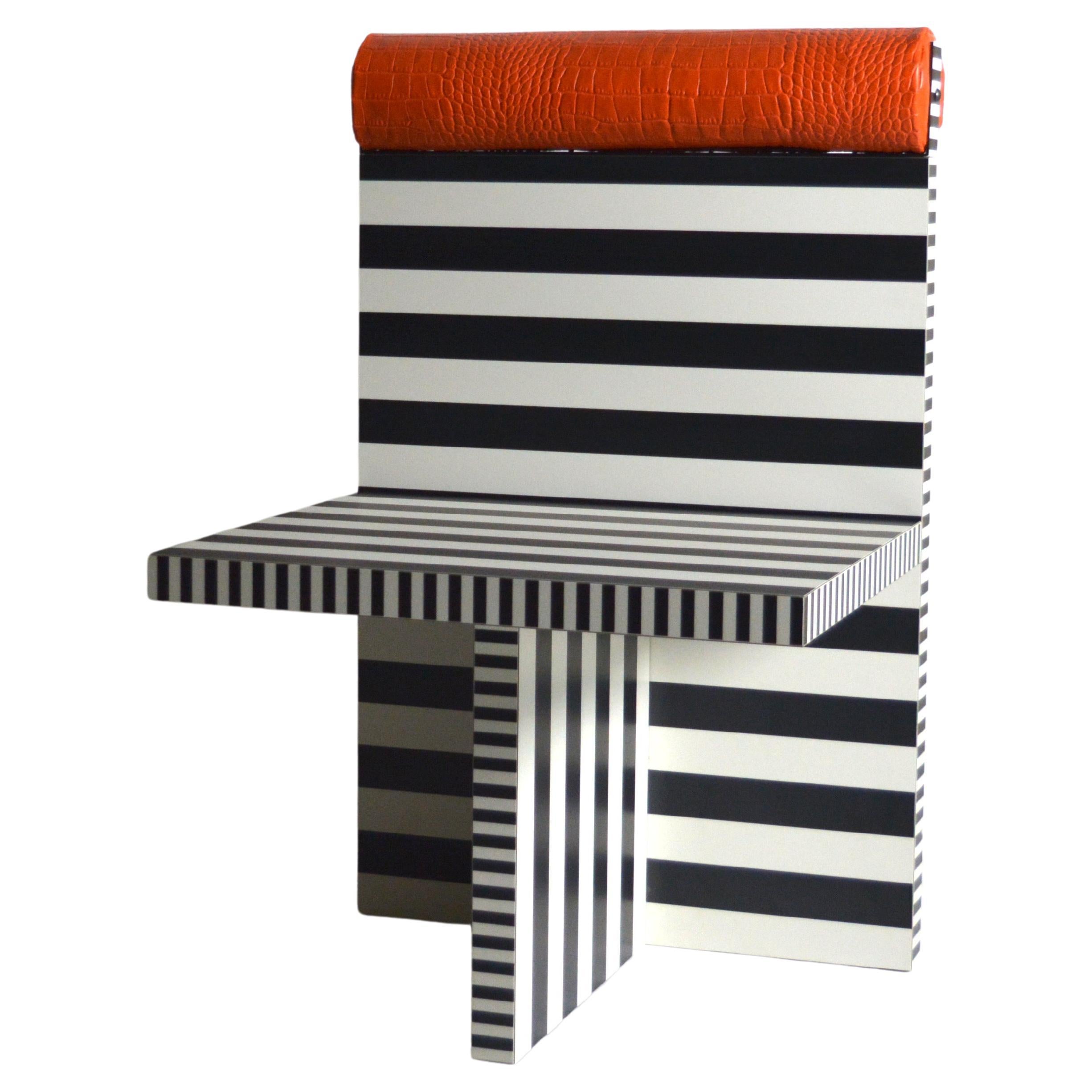 Ettore armchair memphis tribute black white lamiate orange leather Studio Greca For Sale
