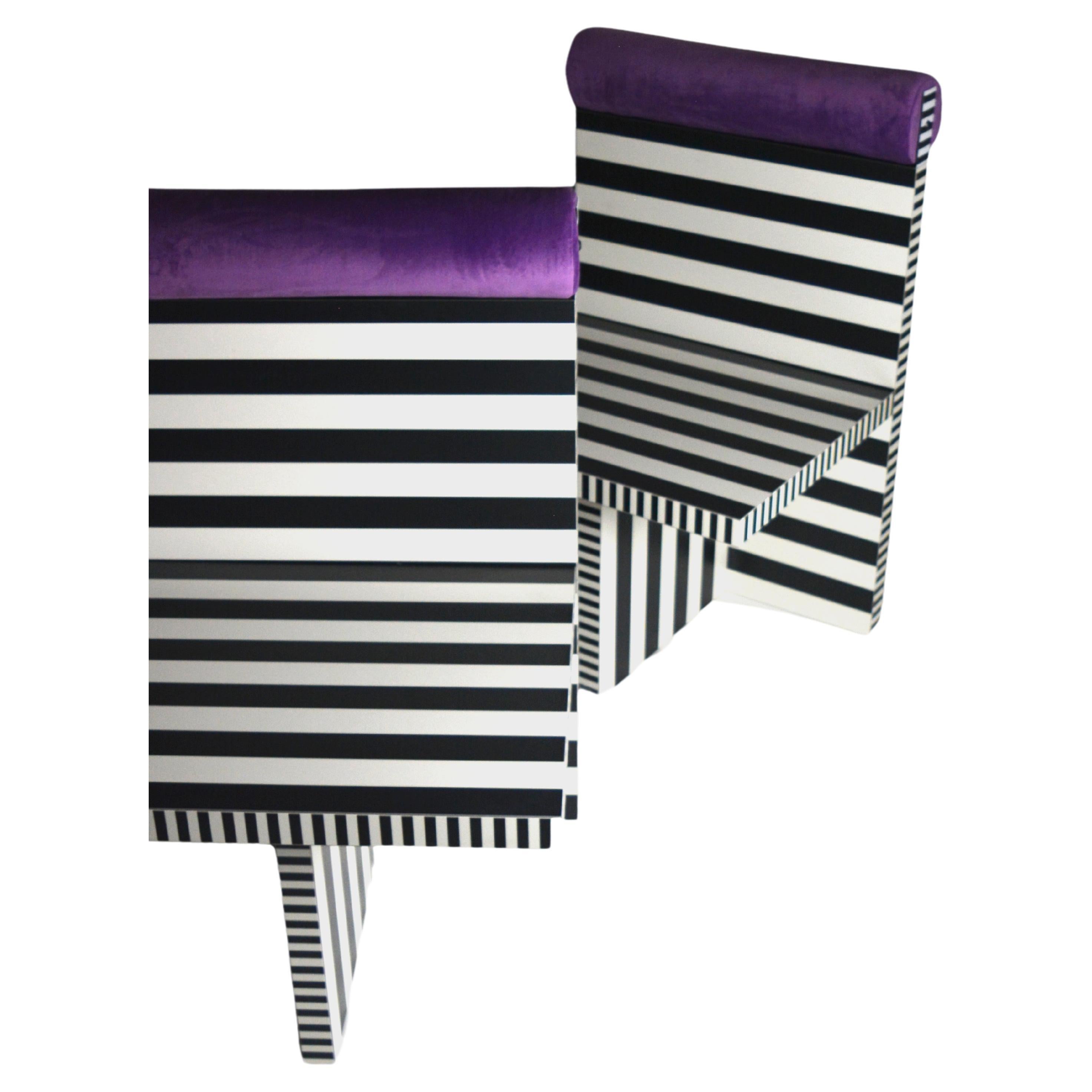 Ettore armchair memphis tribute black white lamiate purple velvet Studio Greca For Sale