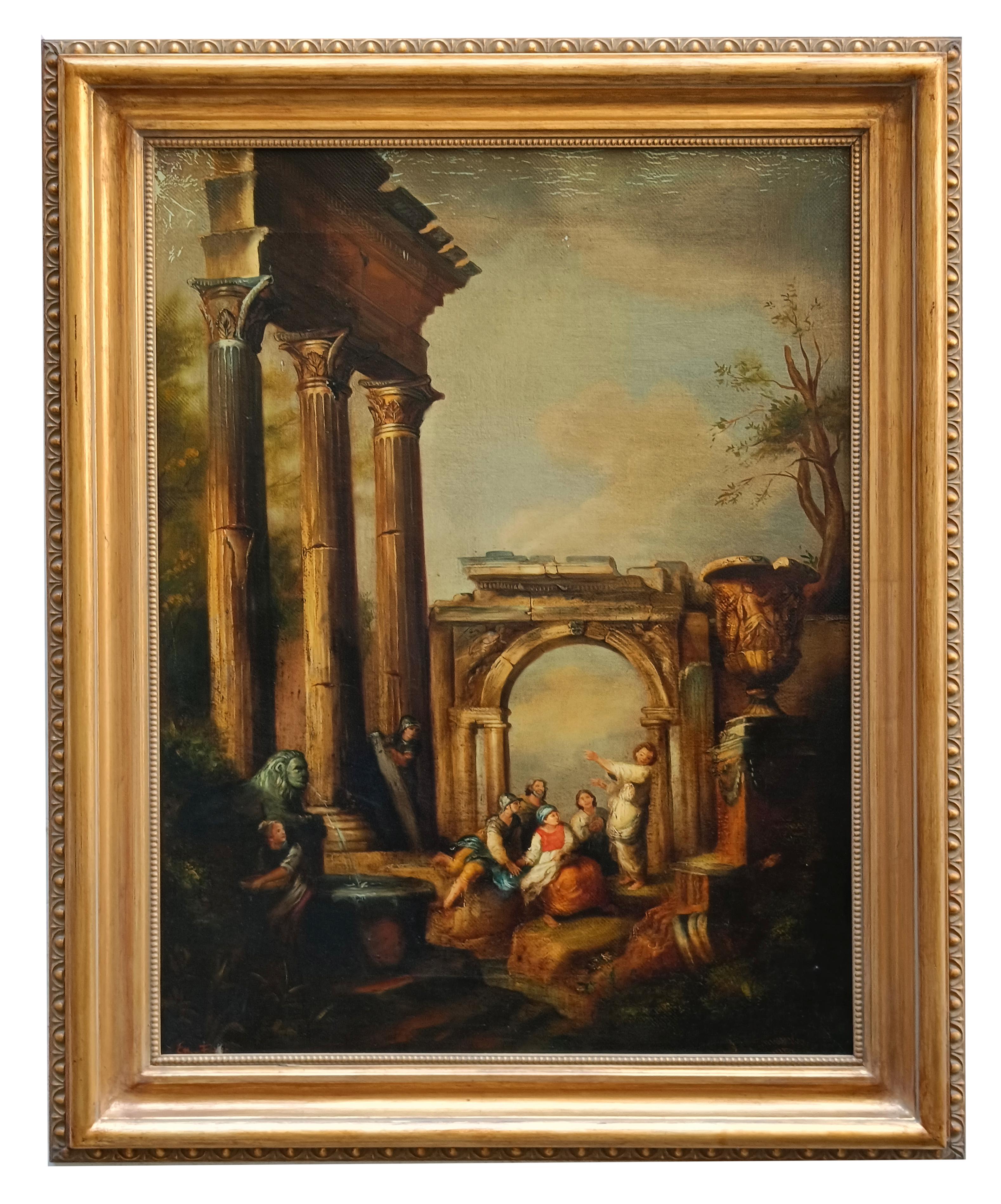 Ettore Frattini Portrait Painting – ARCHITETTURE ANIMATE - Olivenöl in der Maniera von Giovanni Paolo Pannini