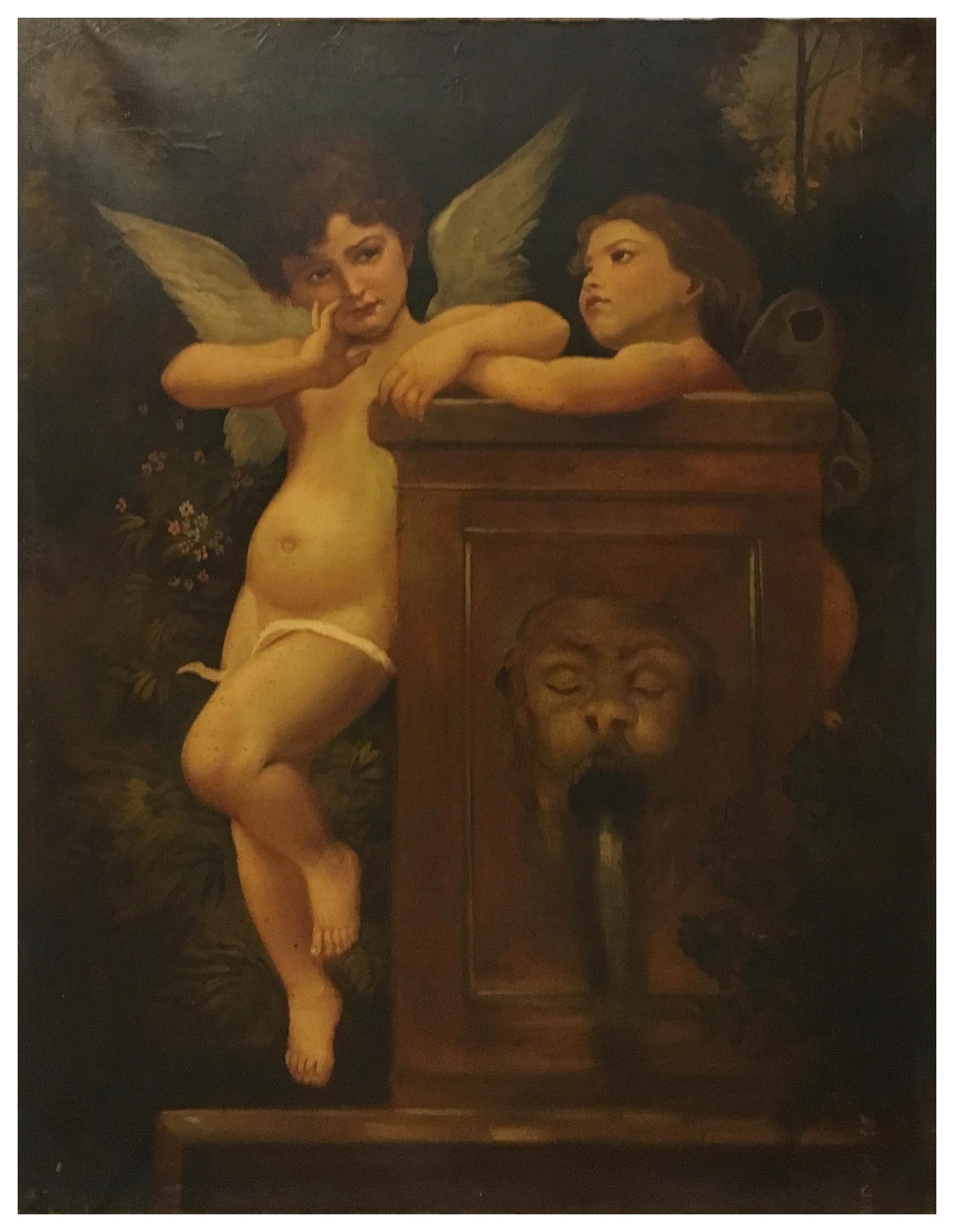 CHERUBS AT THE FOUNTAIN- Alla maniera di W. Bouguereau Italia Olio su tela - Painting di Ettore Frattini