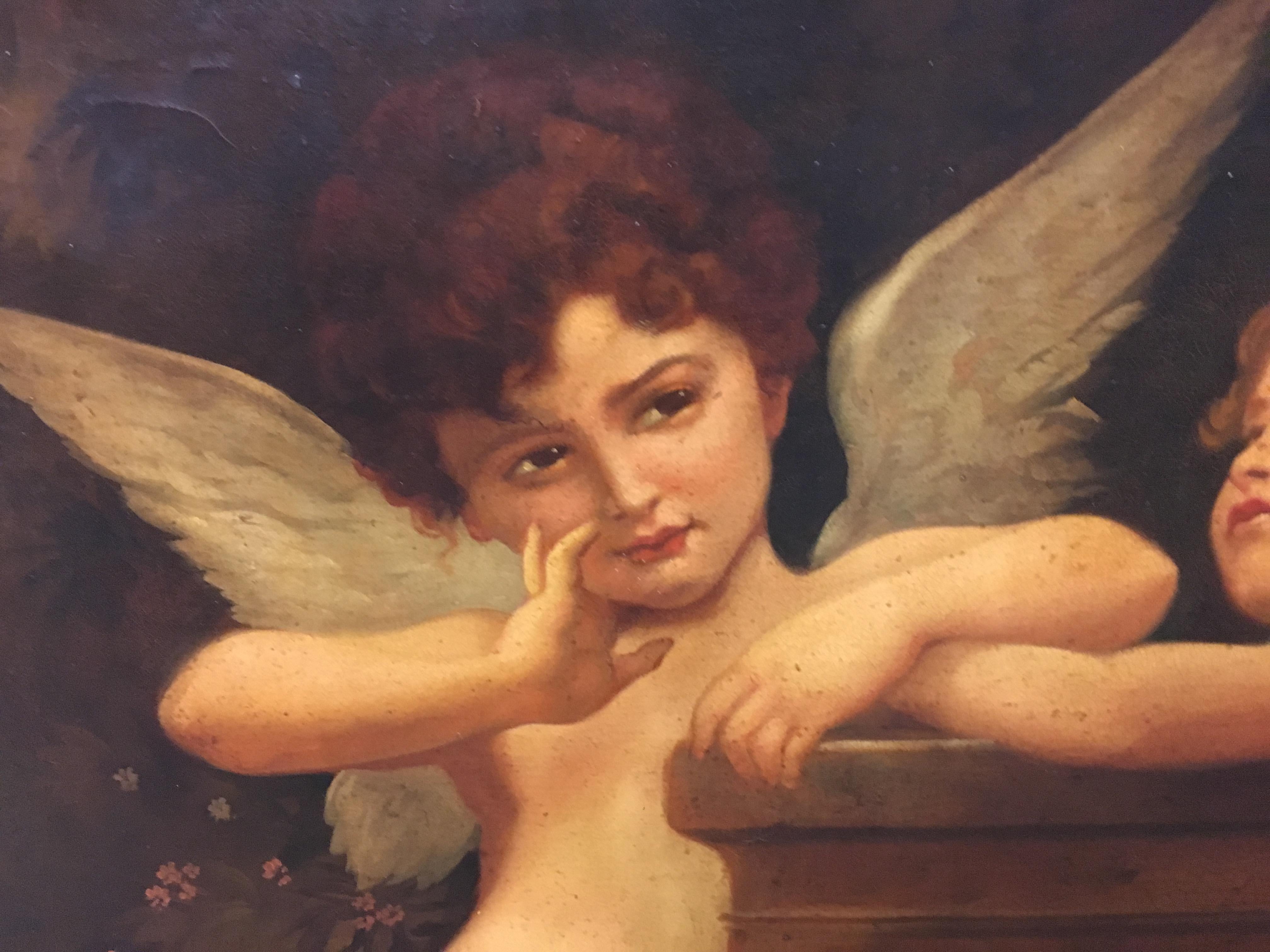 CHERUBS AT THE FOUNTAIN- Alla maniera di W. Bouguereau Italia Olio su tela - Painting Antichi maestri di Ettore Frattini
