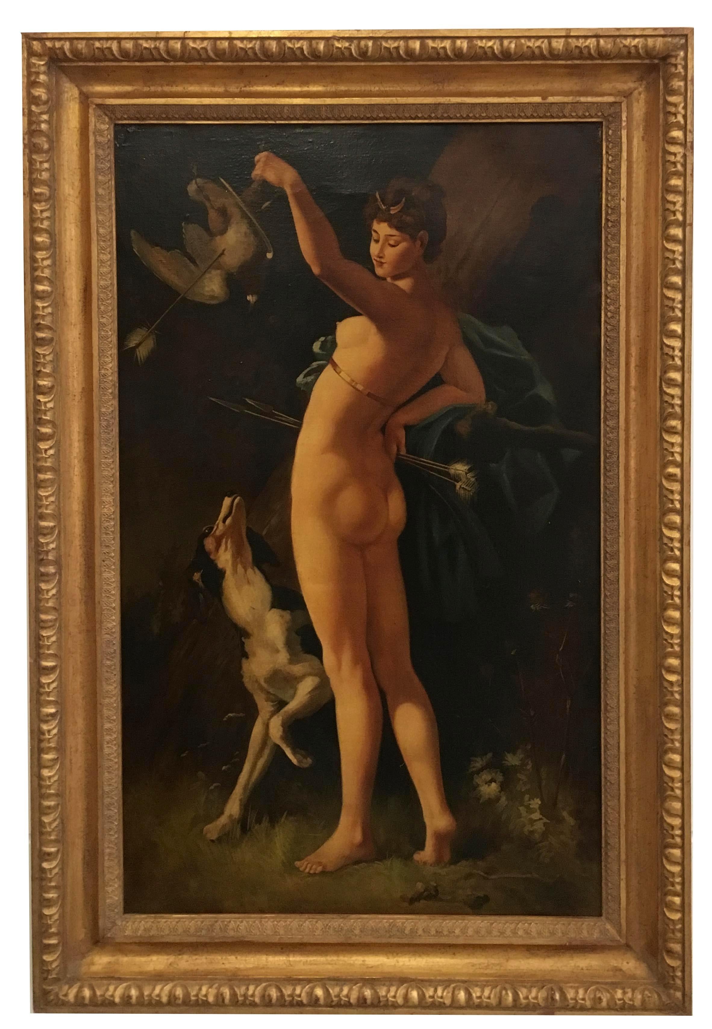 Ettore Frattini Portrait Painting - DIANA THE HUNTRESS -In the Manner of C.A.Coessin De La Foss oil on canvas paint 