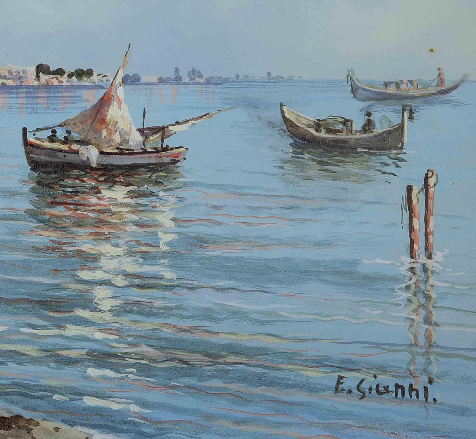 Boats in the Sea - Mixed Media by Ettore Gianni - Early 20th century For Sale 2