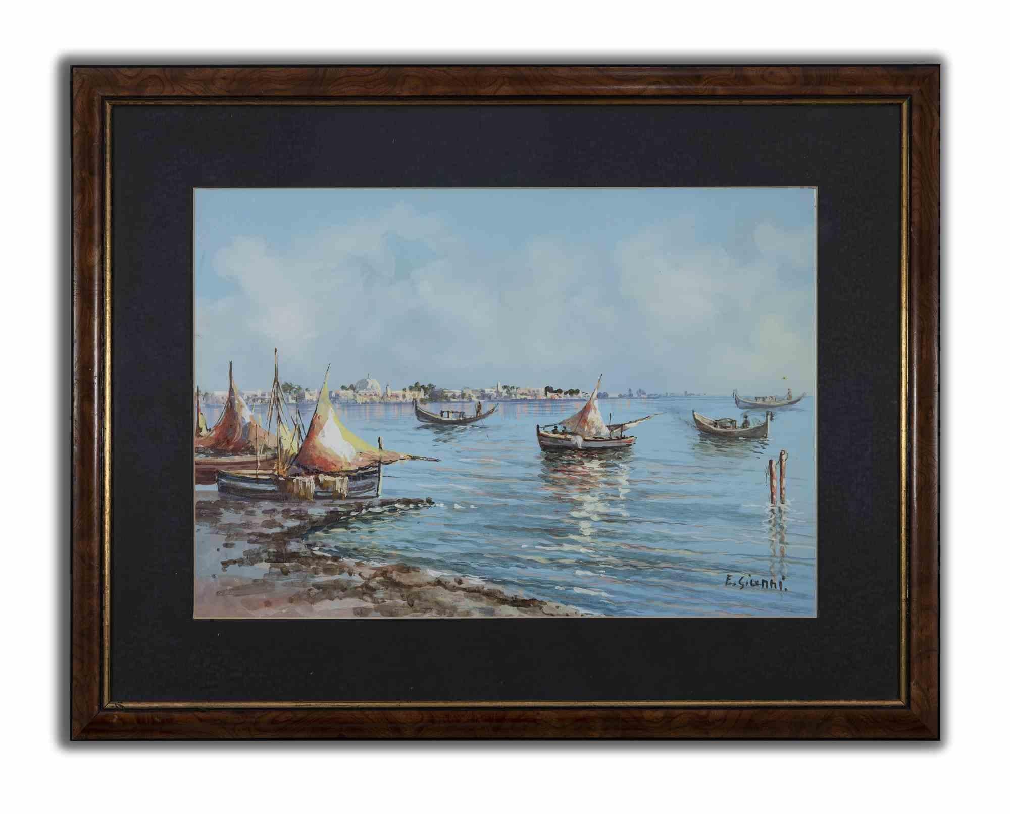 Boote im Meer ist ein originelles modernes Kunstwerk, das Anfang des 20. Jahrhunderts von Ettore Gianni geschaffen wurde.

Gemischte farbige Gouache auf Papier.

Handsigniert am unteren rechten Rand.

Inklusive Rahmen: 52,5 x 3 x 67,5 cm

