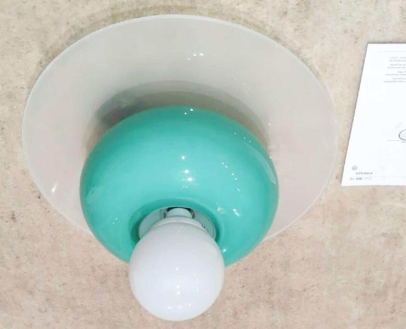 Ettore Sotsass for Venini Murano Firenze fresh teal art glass flush light fixture, 1995. Signed and dated. Original production.  Comes with installation booklet and screws. 