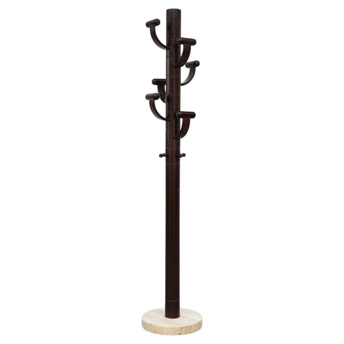 Ettore Sotsass Inspired Modernist Dark Wood Italian Coat Tree w/ Travertine Base For Sale
