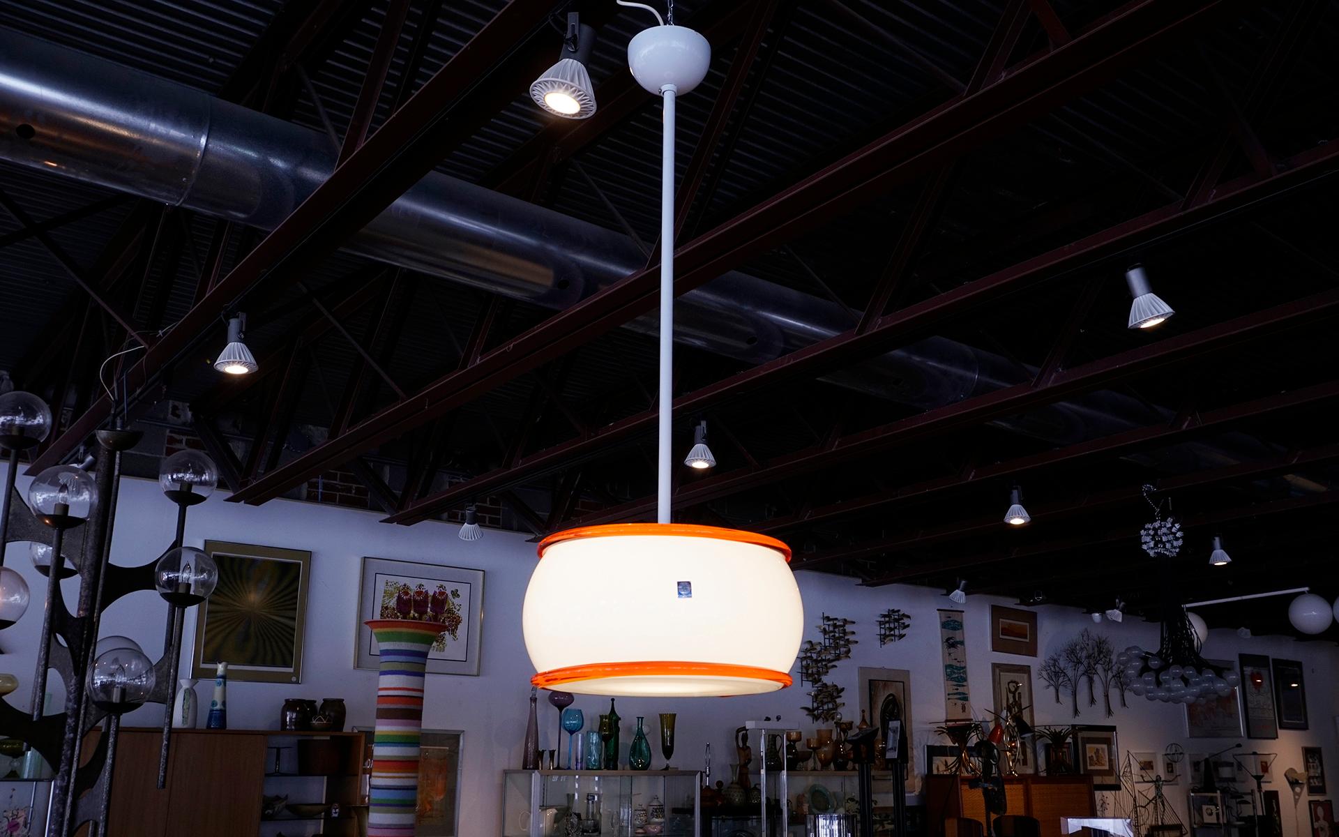 Ettore Sottass Pendant Lamp, Vistosi, Italy, 1974. White Red-Orange Glass. Signed For Sale 5