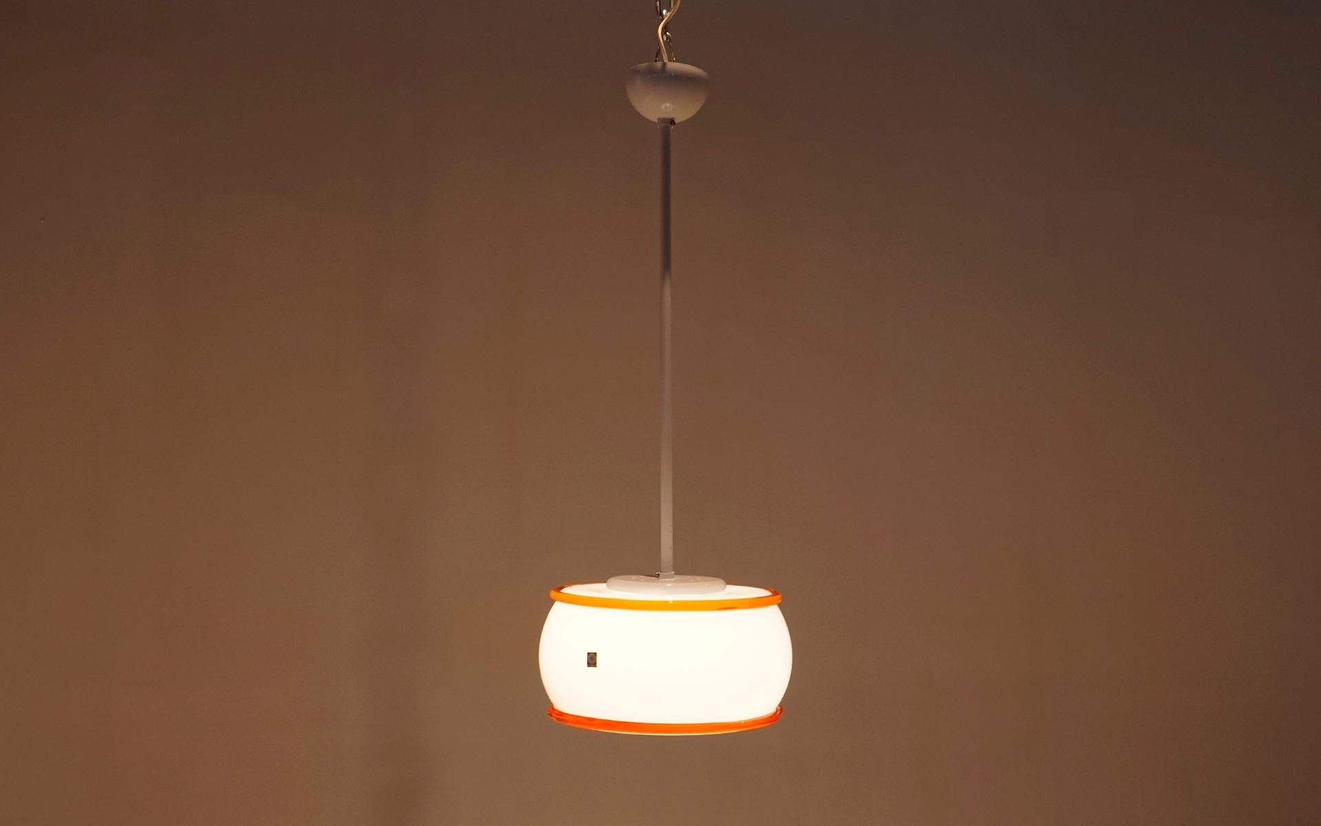 Ettore Sottass Pendant Lamp, Vistosi, Italy, 1974. White Red-Orange Glass. Signed For Sale 6