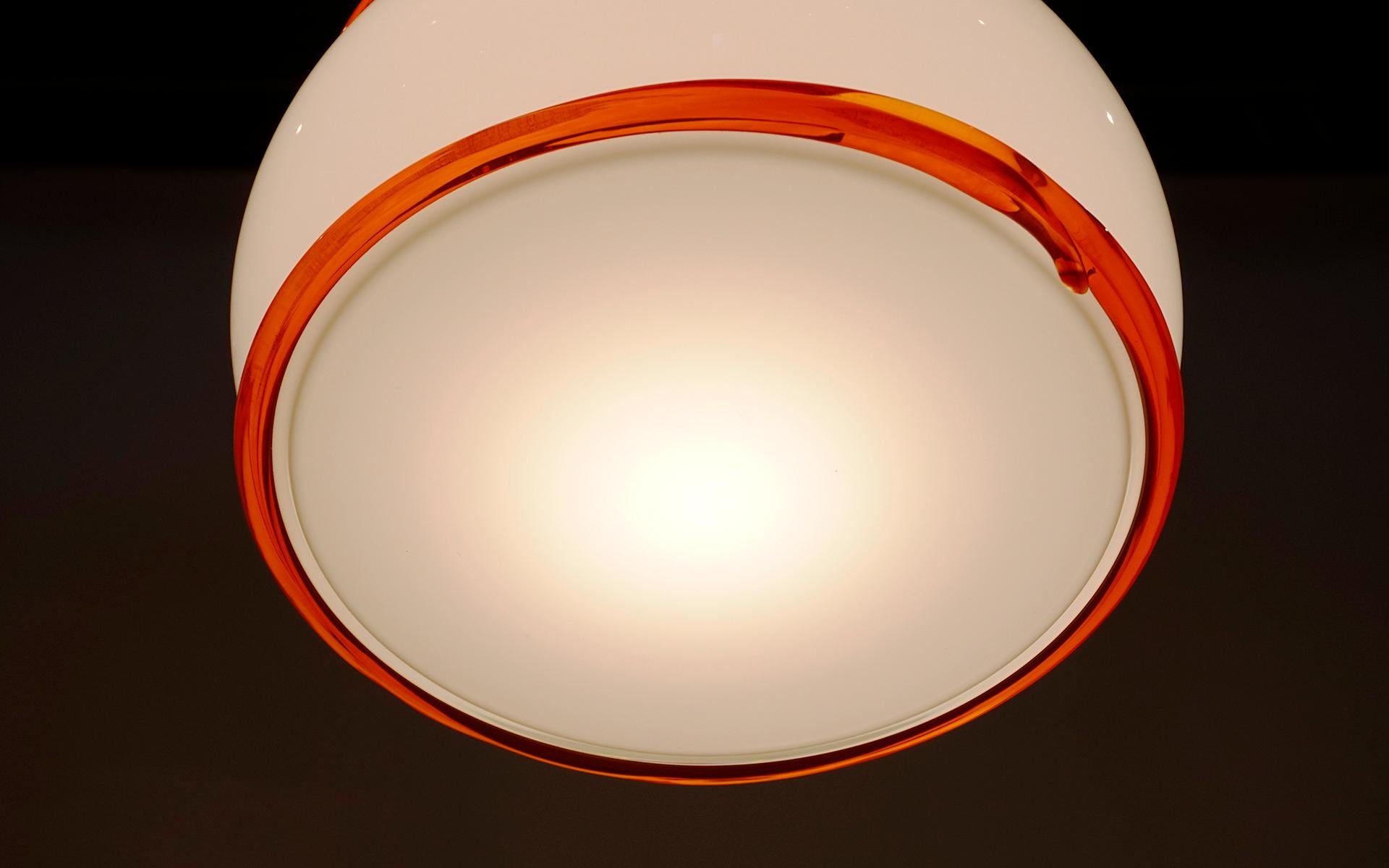 Late 20th Century Ettore Sottass Pendant Lamp, Vistosi, Italy, 1974. White Red-Orange Glass. Signed For Sale