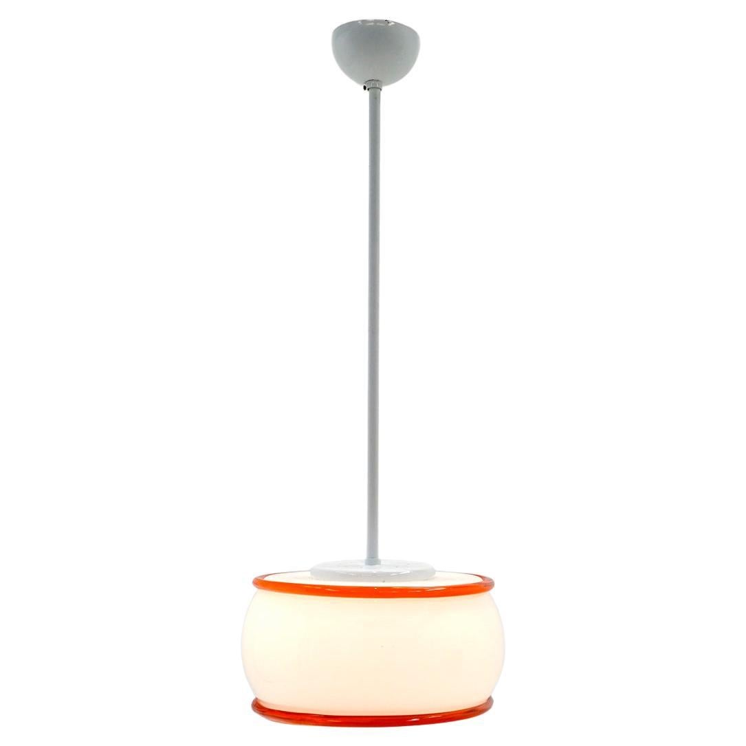 Ettore Sottass Pendant Lamp, Vistosi, Italy, 1974. White Red-Orange Glass. Signed