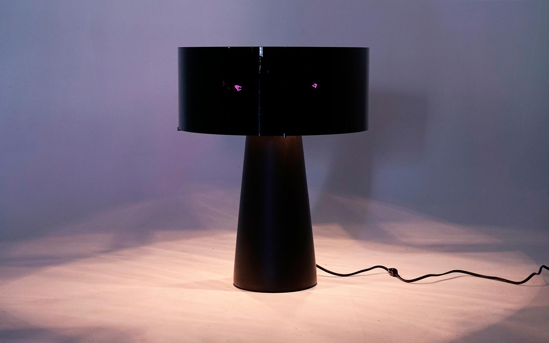 Ettore Sottsass Abat-Jour table lamp for B&B Italia, Italy, 2005. Glazed ceramic base with a blown black glass shade, chrome-plated brass fixtures, and sand-blasted glass diffuser. No chips, cracks or repairs. Few if any signs of use. Stamped