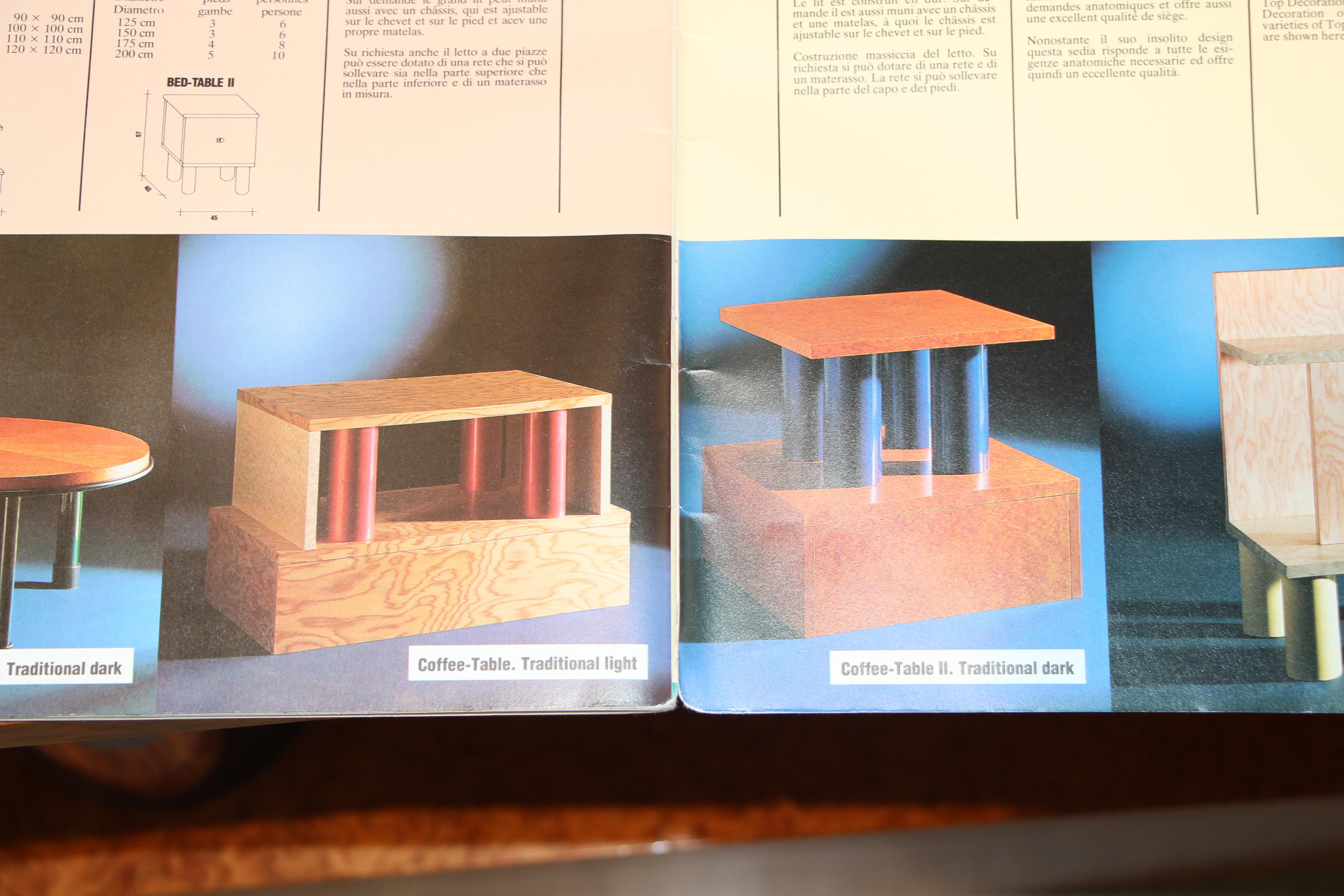 A collaboration between Marco Zanini and Ettore Sottsass for the Leitner Company produced this very Austrian looking furniture. I believe this dates to the 1980s specifically 1986 and we have the brochure that pictures the pieces. The three pieces