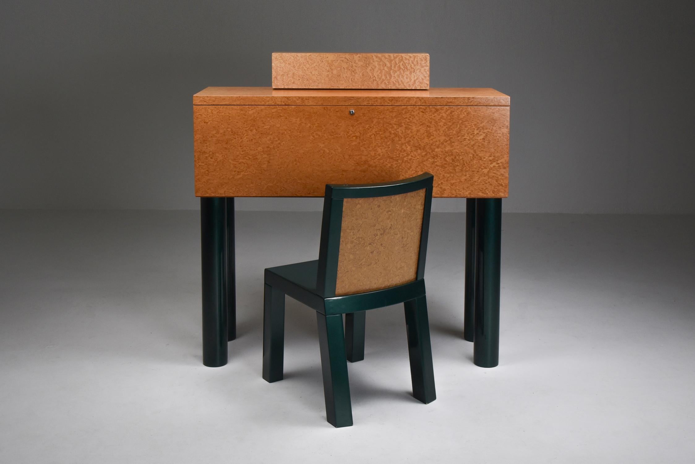 Ettore Sottsass and Marco Zannini, “Donau” writing desk, circa 1986

Produced by Franz Leitner Interior Design, Austria
burled maple veneer, green lacquered metal.
 