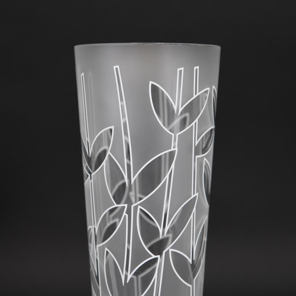 Ettore Sottsass Associati glass vase. The glass is frosted and the pattern depicts bamboo stalks.
