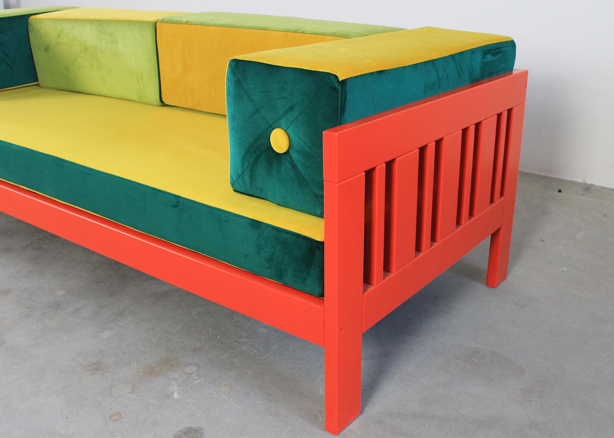 Italian Ettore Sottsass Califfo Sofa in Wood and Multicoloured Velvet Poltronova 1960s For Sale